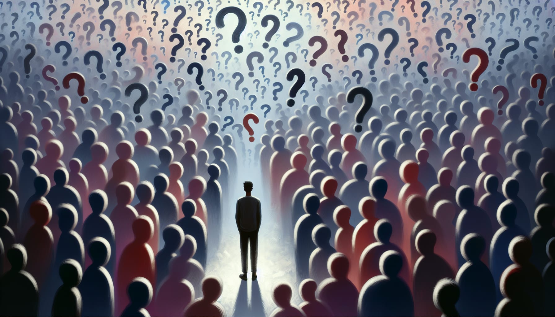 A person surrounded by question marks and societal judgment