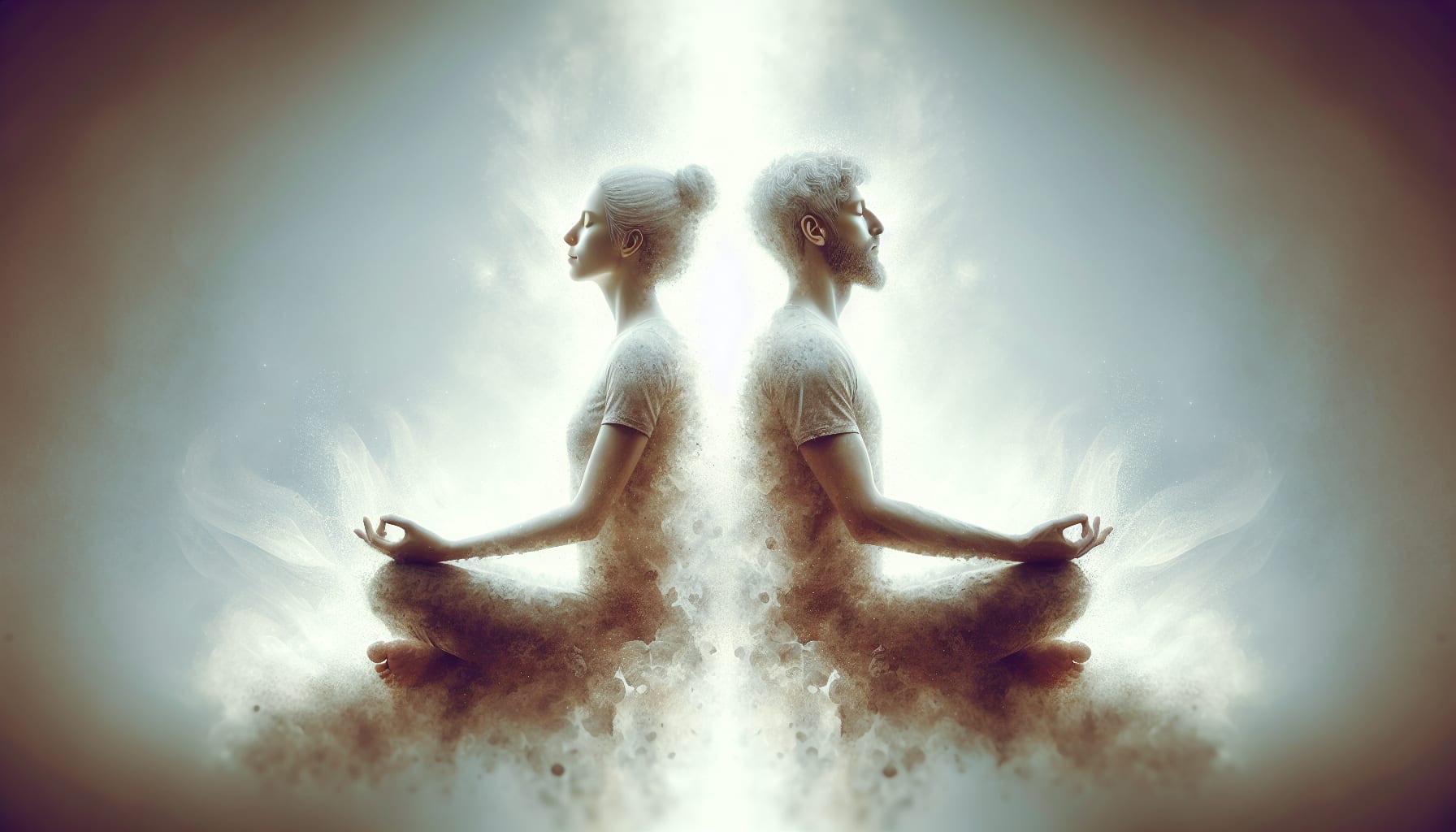 Artistic depiction of partners performing abdominal breathing back to back