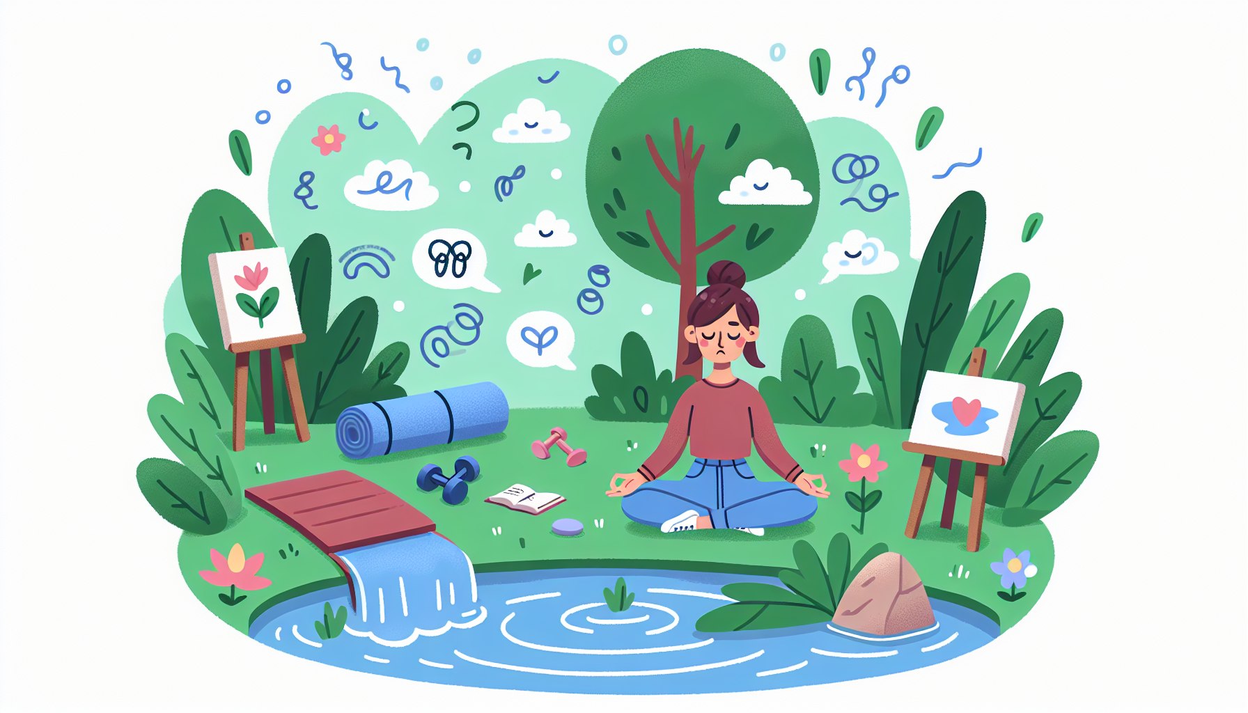 Illustration of a person practicing self-care activities surrounded by supportive elements