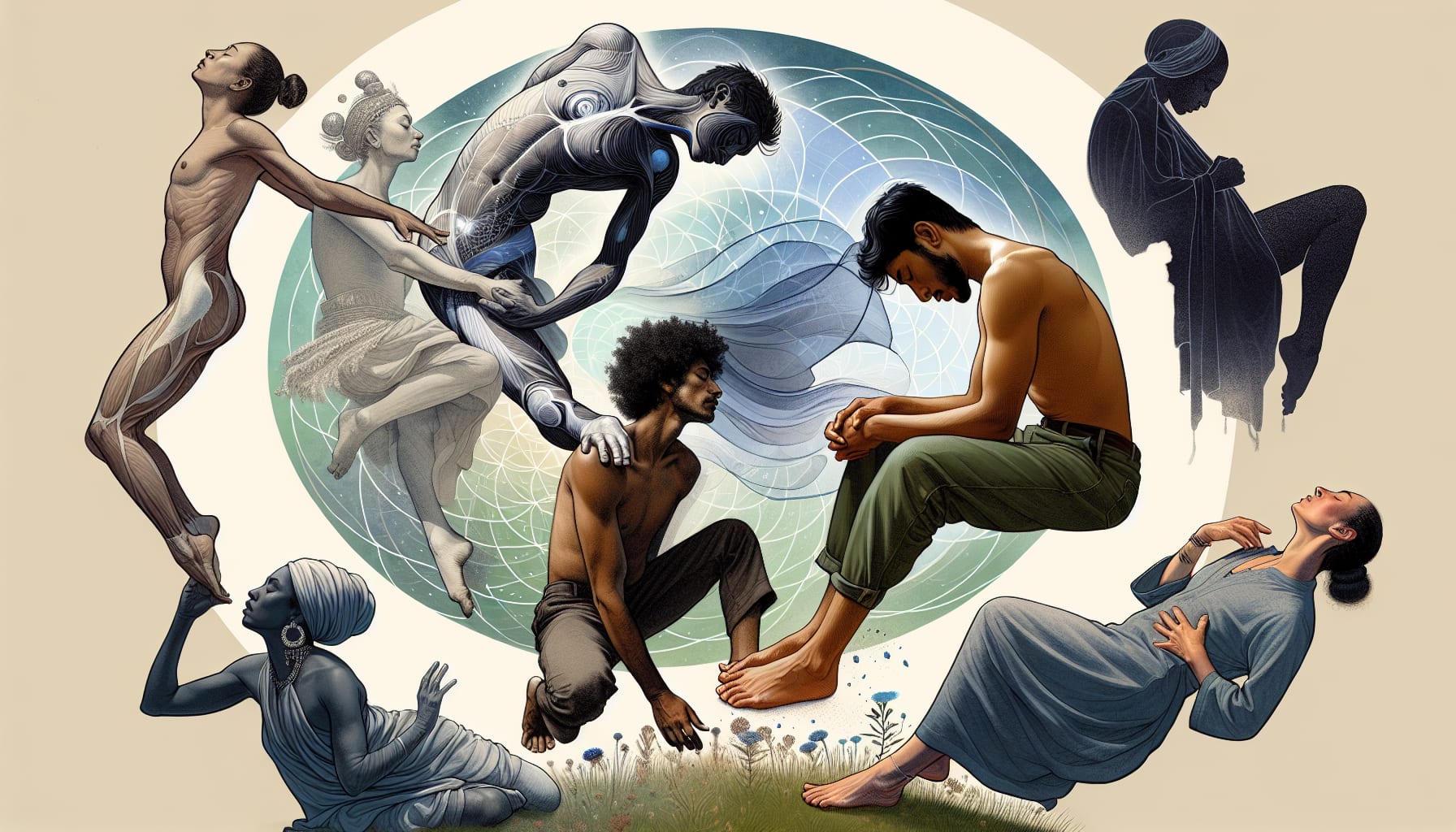Illustration of somatic therapy techniques including grounding, breathwork, movement, and touch