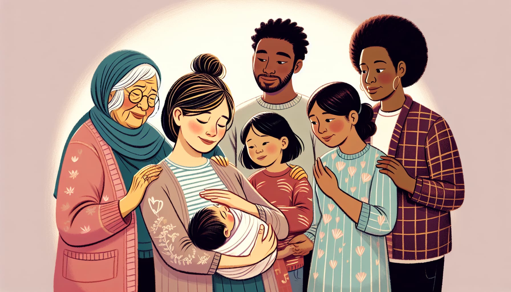 Illustration of a new mother receiving support from family and friends