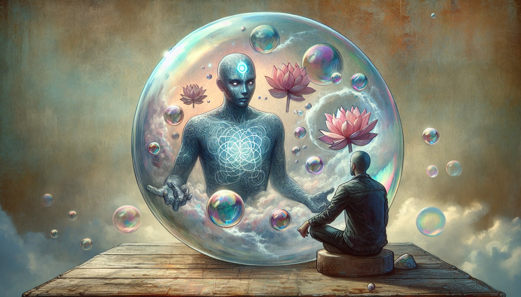Illustration of a person surrounded by superficial spirituality masking deeper emotional issues