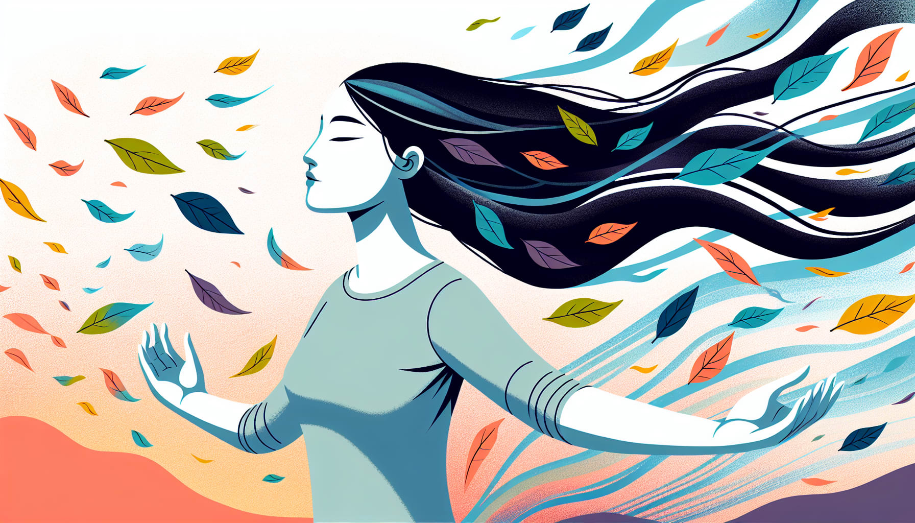 Illustration of a person embracing change and growth amidst swirling challenges