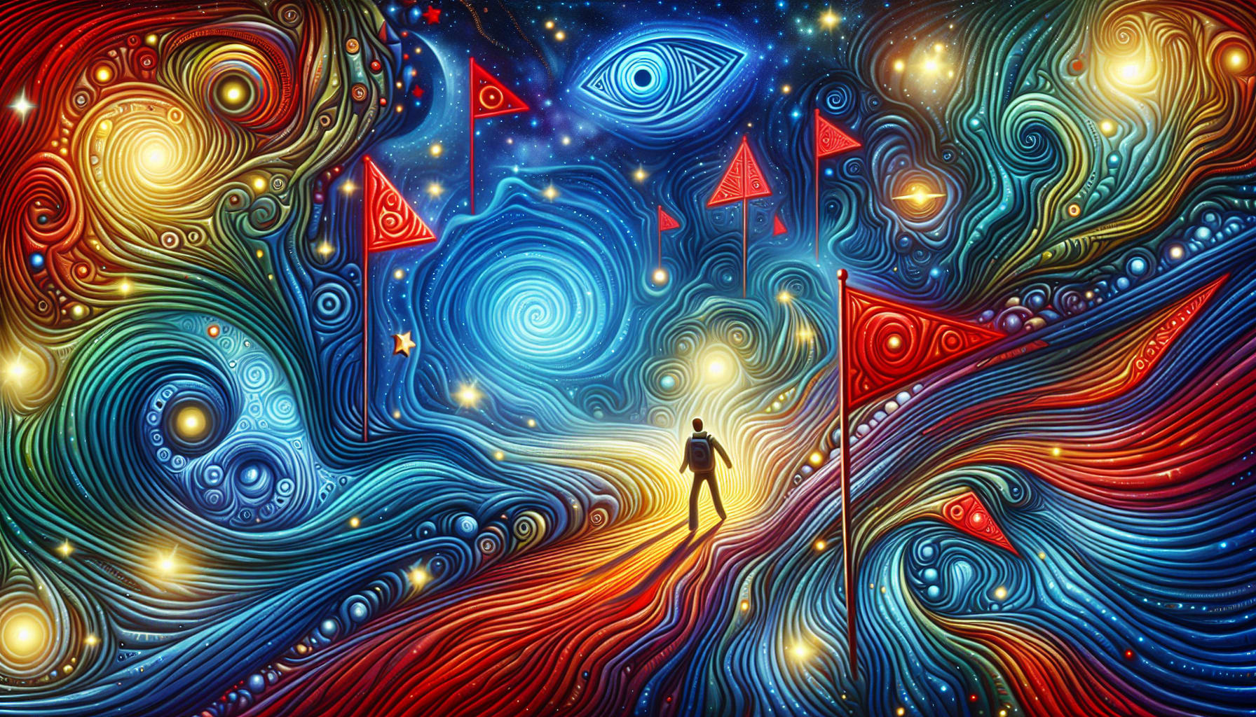 Artistic representation of a person navigating through psychedelic experiences