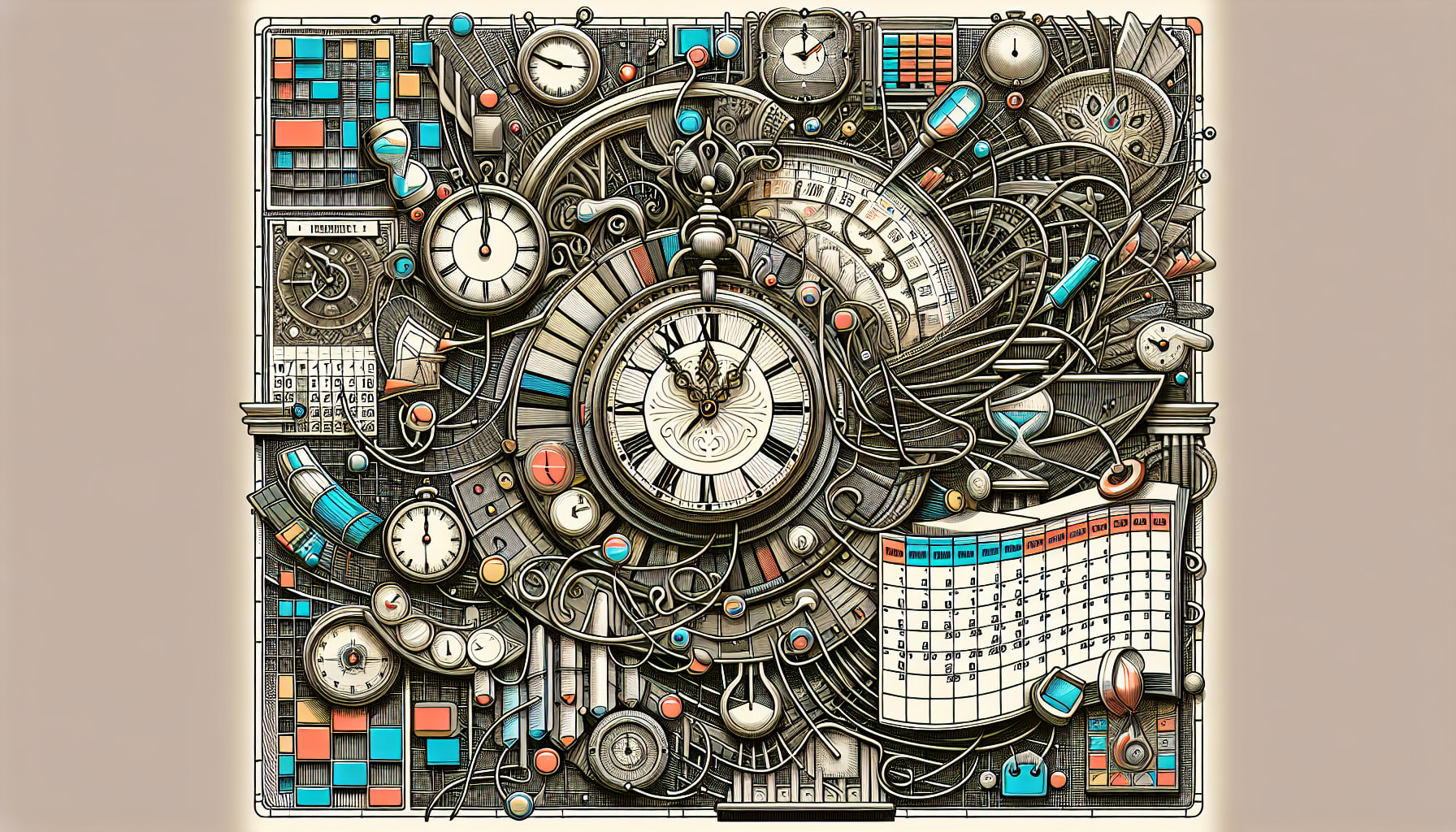 A clock and calendar with time management symbols