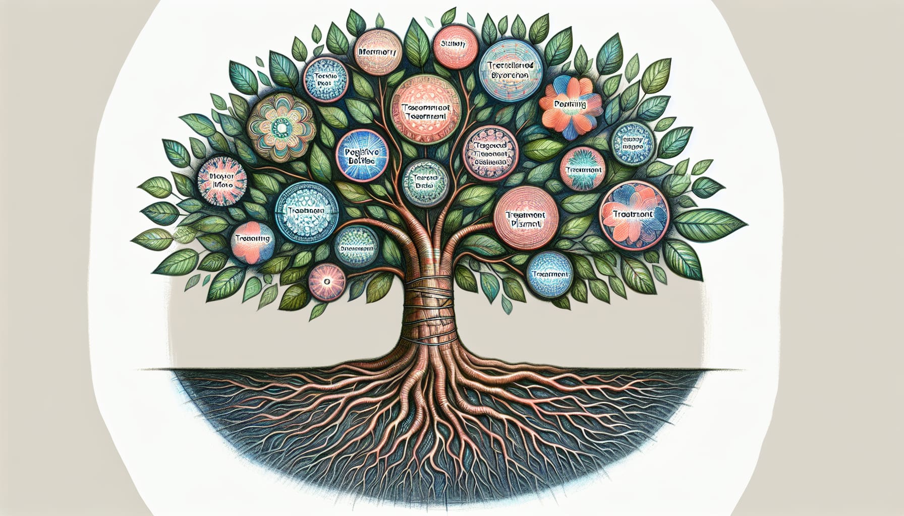 Illustration of a tree with branches displaying various mental health treatment methods within colorful circles, including SF EMDR therapy. The roots are visible below, symbolizing foundational support.
