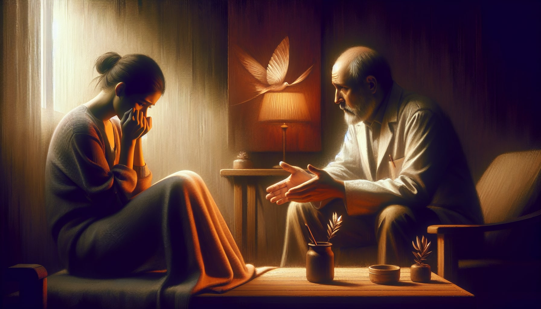 Artistic representation of consulting a mental health professional for anxiety treatment