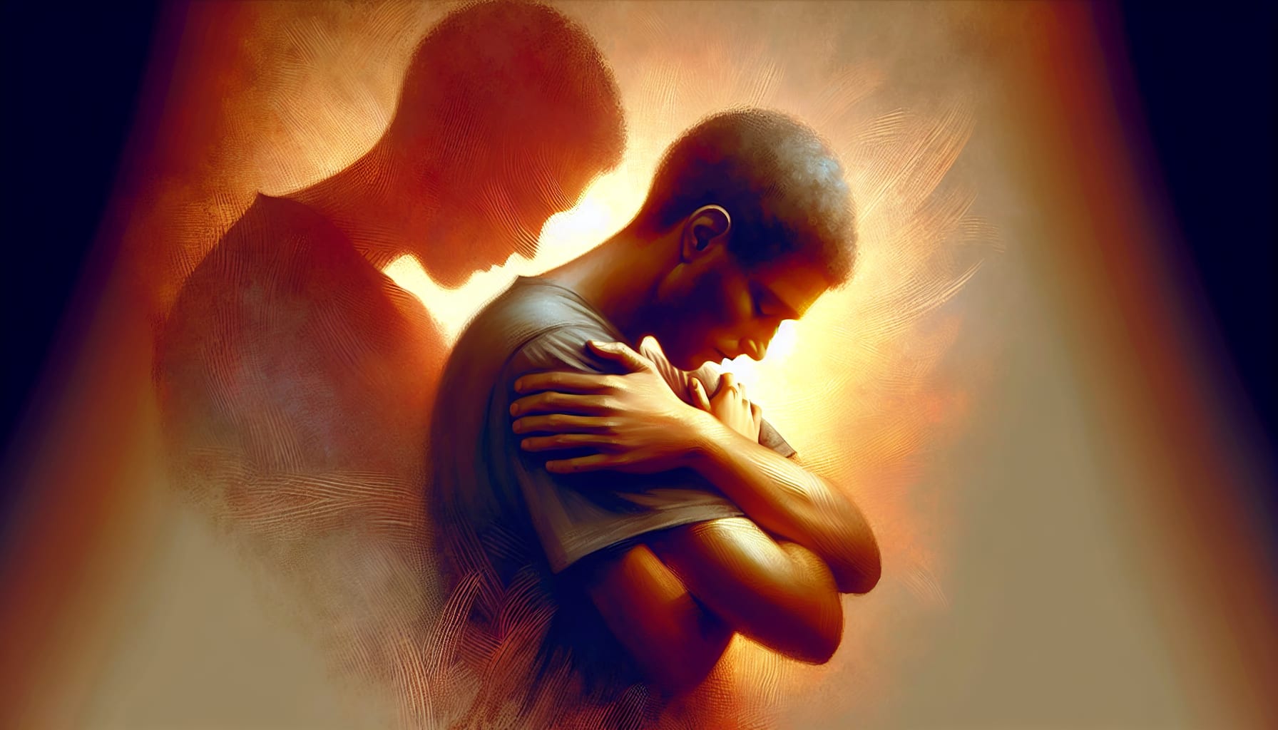 Artistic depiction of a person embracing oneself with compassion and understanding