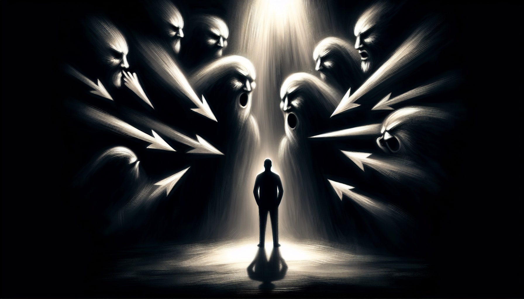Artistic representation of a person surrounded by silhouettes symbolizing negative influences