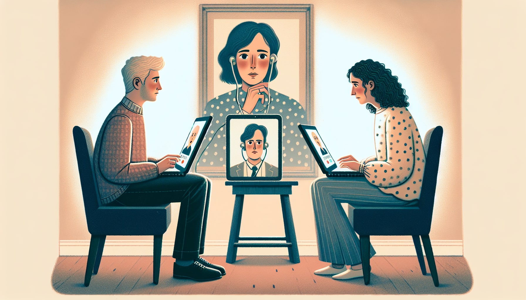 Illustration of a couple participating in online marriage counseling