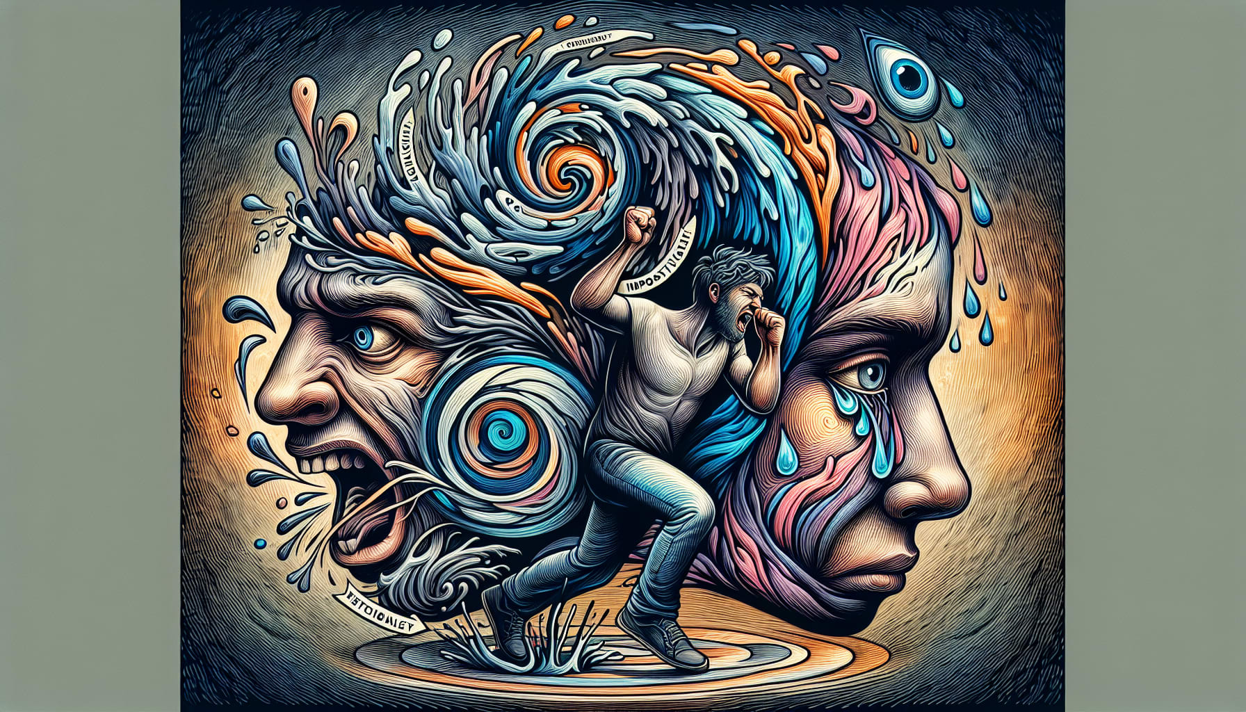 A man with raised fists stands between two large abstract faces, one representing aggression with swirling patterns and the other symbolizing sadness with teardrop motifs, evocative of a journey through post-traumatic amnesia recovery in San Francisco with cbt trauma therapists.