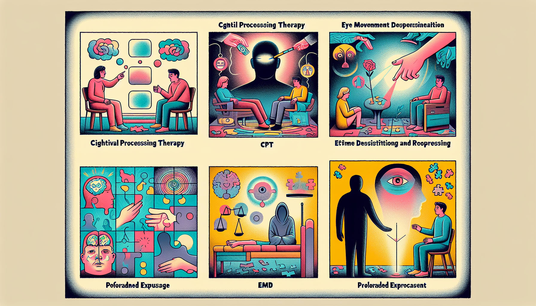 An illustrated poster depicting six therapy types: Cognitive Processing Therapy, Eye Movement Desensitization and Reprocessing, Prolonged Exposure Therapy, and more. Ideal for anyone seeking trauma treatment SF or consulting PTSD therapists in San Francisco.
