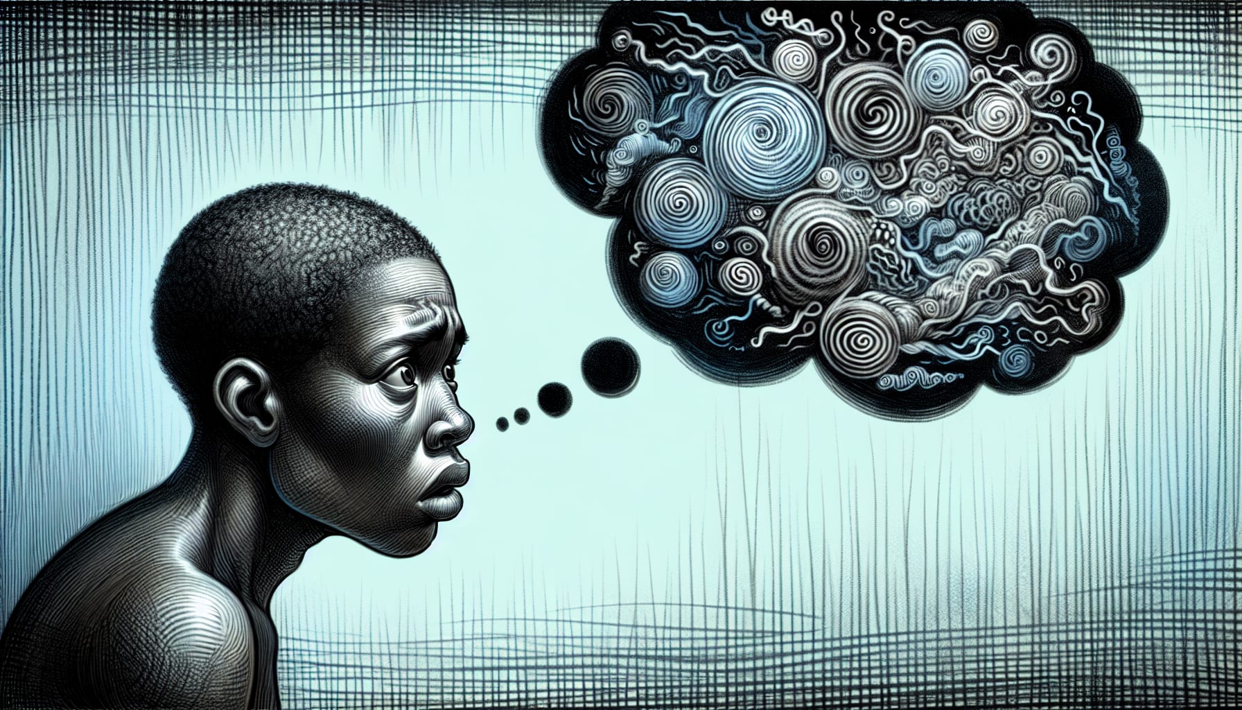 A person with a contemplative expression gazes at a thought bubble filled with intricate swirls and patterns, set against a minimalist background, symbolizing the journey of post-traumatic-amnesia recovery in San Francisco with a trauma therapist.