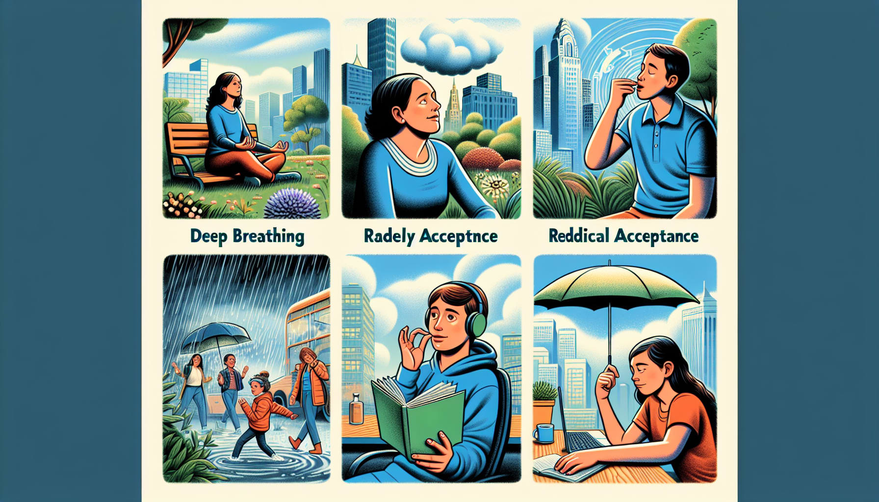 Comic strip style illustration showing ways to manage thoughts and feelings: Deep Breathing, Radely Acceptance, and Reddical Acceptance with cityscape backgrounds in various weather conditions. Perfect for those seeking DBT therapists SF or exploring dialectical behavior therapy SF.