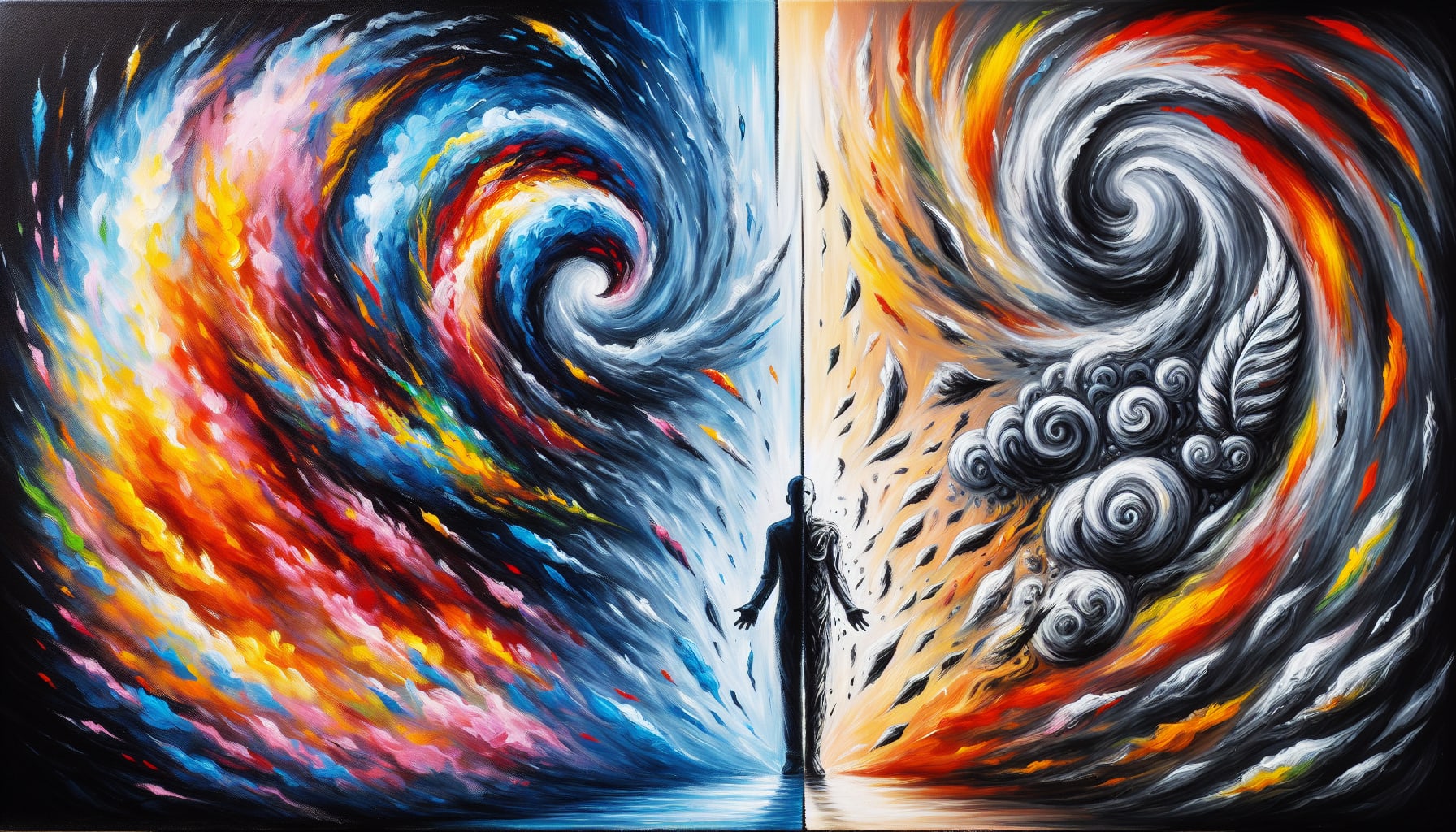 An abstract painting depicts a silhouette at the center, with colorful swirling patterns on the left and monochromatic swirling patterns on the right, symbolizing the dichotomy of manic bipolar vs bipolar disorder.