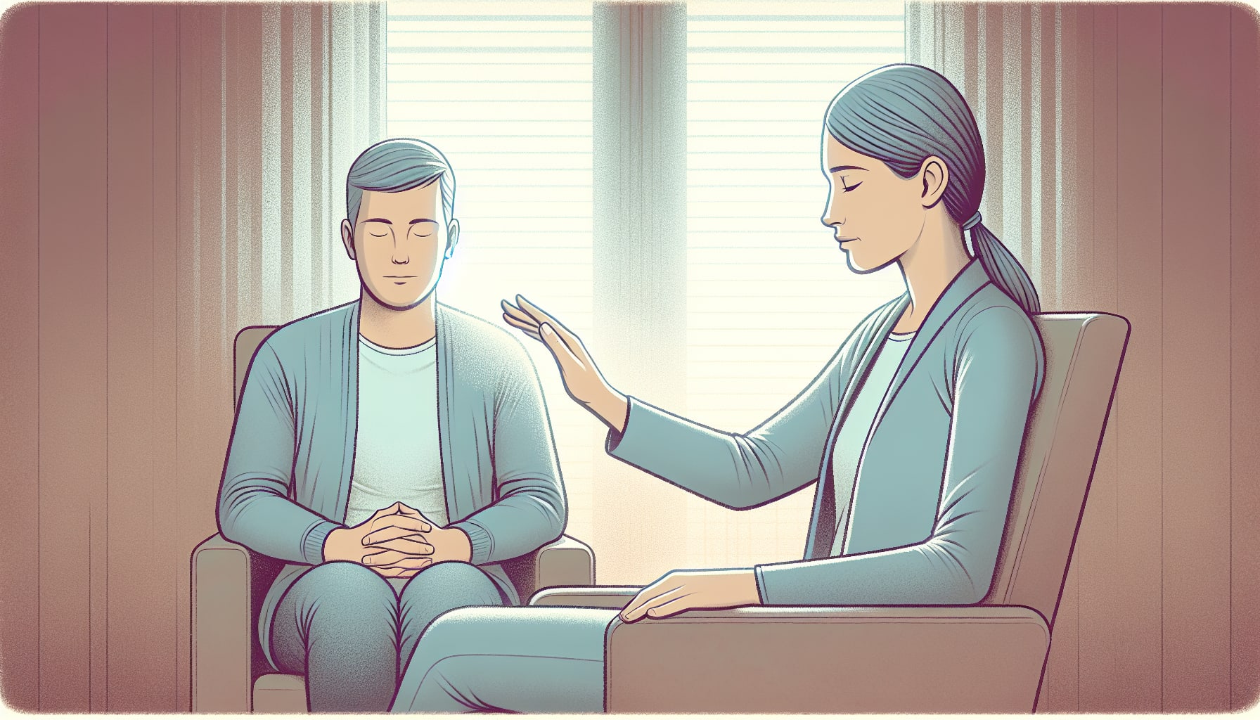 A person sits with eyes closed while a therapist raises a calming hand gesture; both are seated in chairs in a softly lit room, engaging in EMDR therapy San Francisco is known for.