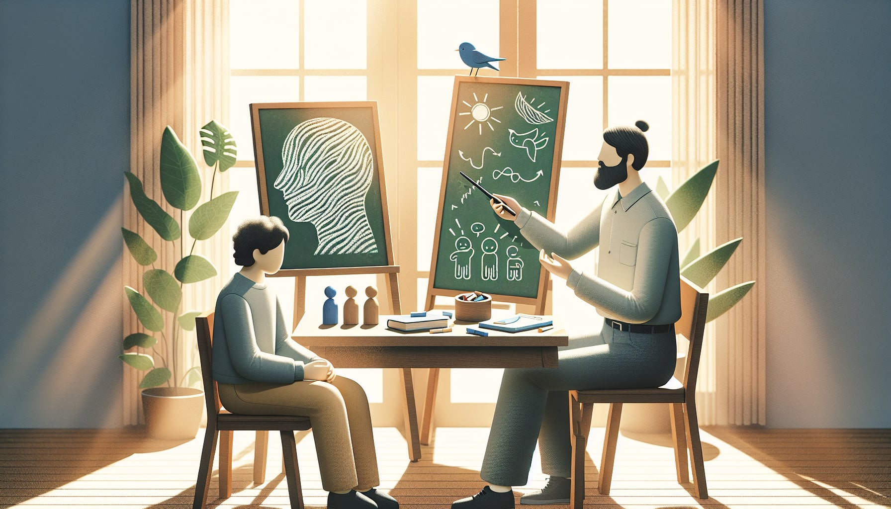A person teaches a child at a table with chalkboards displaying educational drawings, including a brain and scientific symbols. Sunlight streams through large windows, with plants nearby. This serene learning environment is ideal for dialectical behavior therapy SF sessions, blending education and emotional growth.