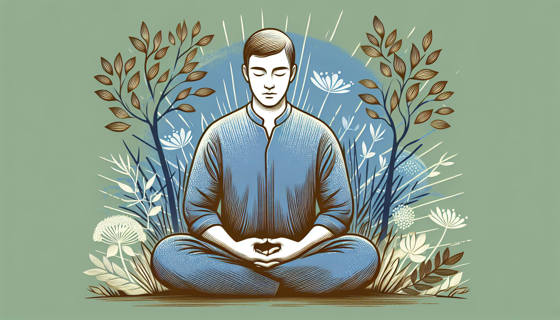 A person sits cross-legged in meditation, surrounded by stylized plants and flowers on a green background, reflecting inner peace found through SF therapy for bipolar disorder.