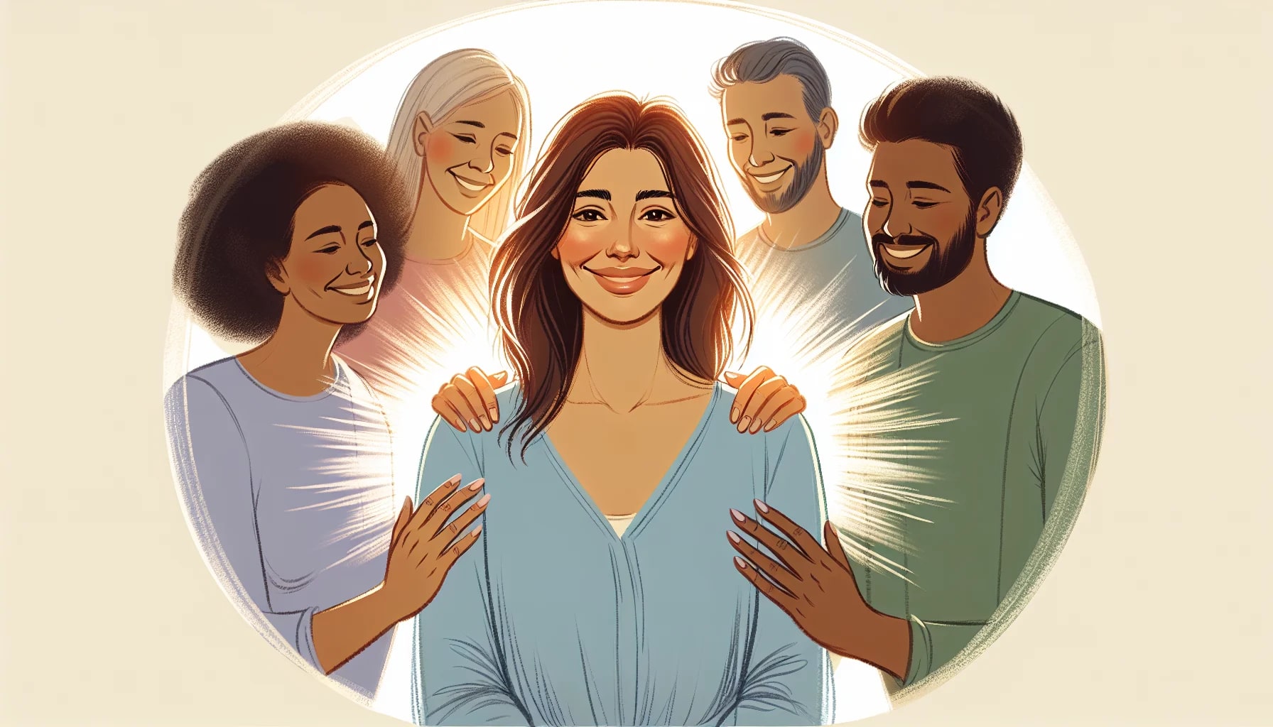 A person with a confident posture and a warm expression surrounded by supportive individuals