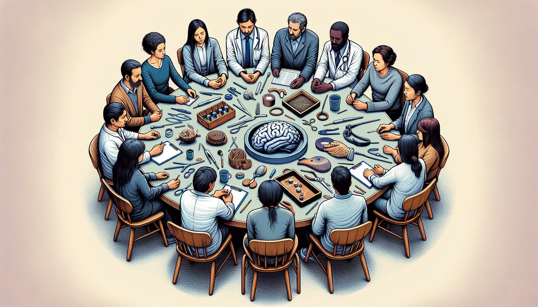 Illustration of therapists and psychiatrists collaborating on a treatment plan