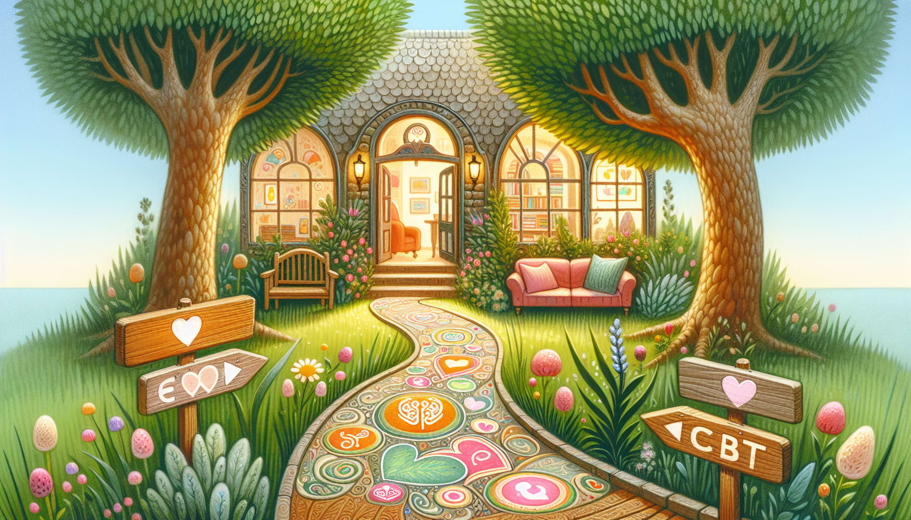 An artistic rendering of finding a therapist skilled in both EMDR and CBT therapist modalities, illustrating the journey of seeking help.