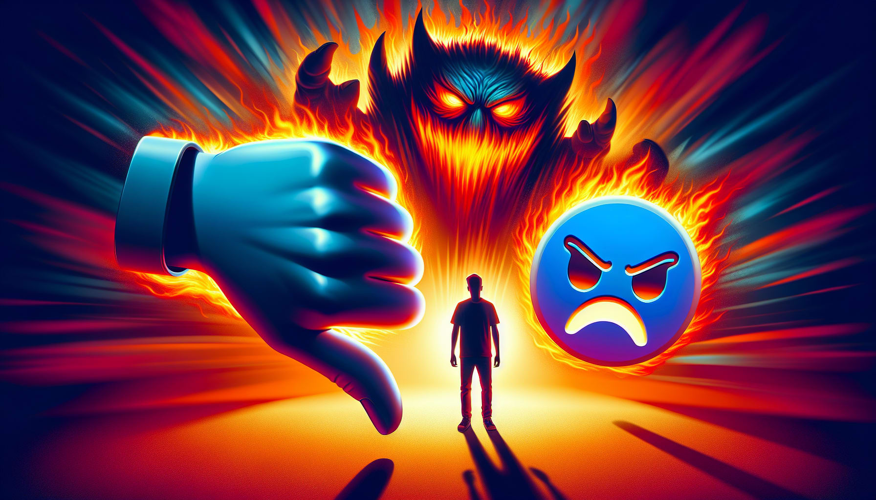 Illustration of social media icons with negative reactions suggesting negative psychological impact on mental health