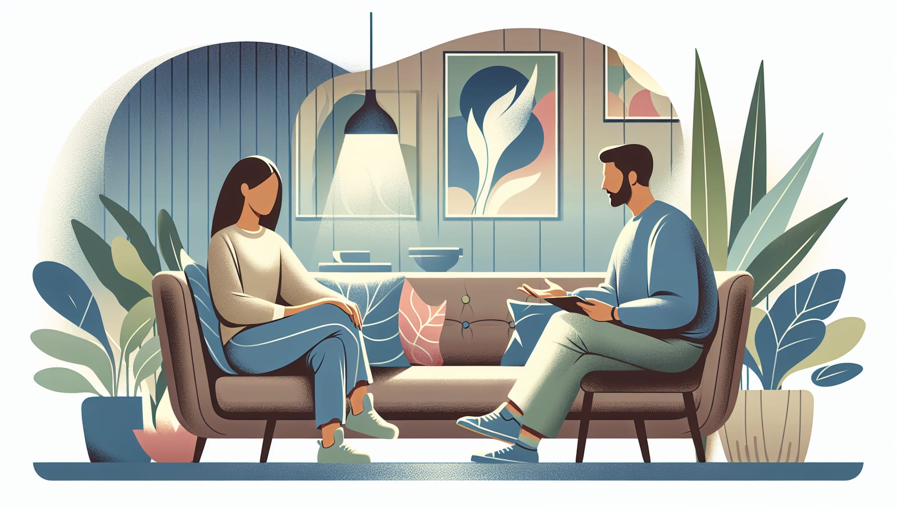 Illustration of a therapy session showing a therapist and a client sitting on a couch in a cozy, plant-filled room with framed art on the walls, highlighting SF therapy for reactive attachment disorder.