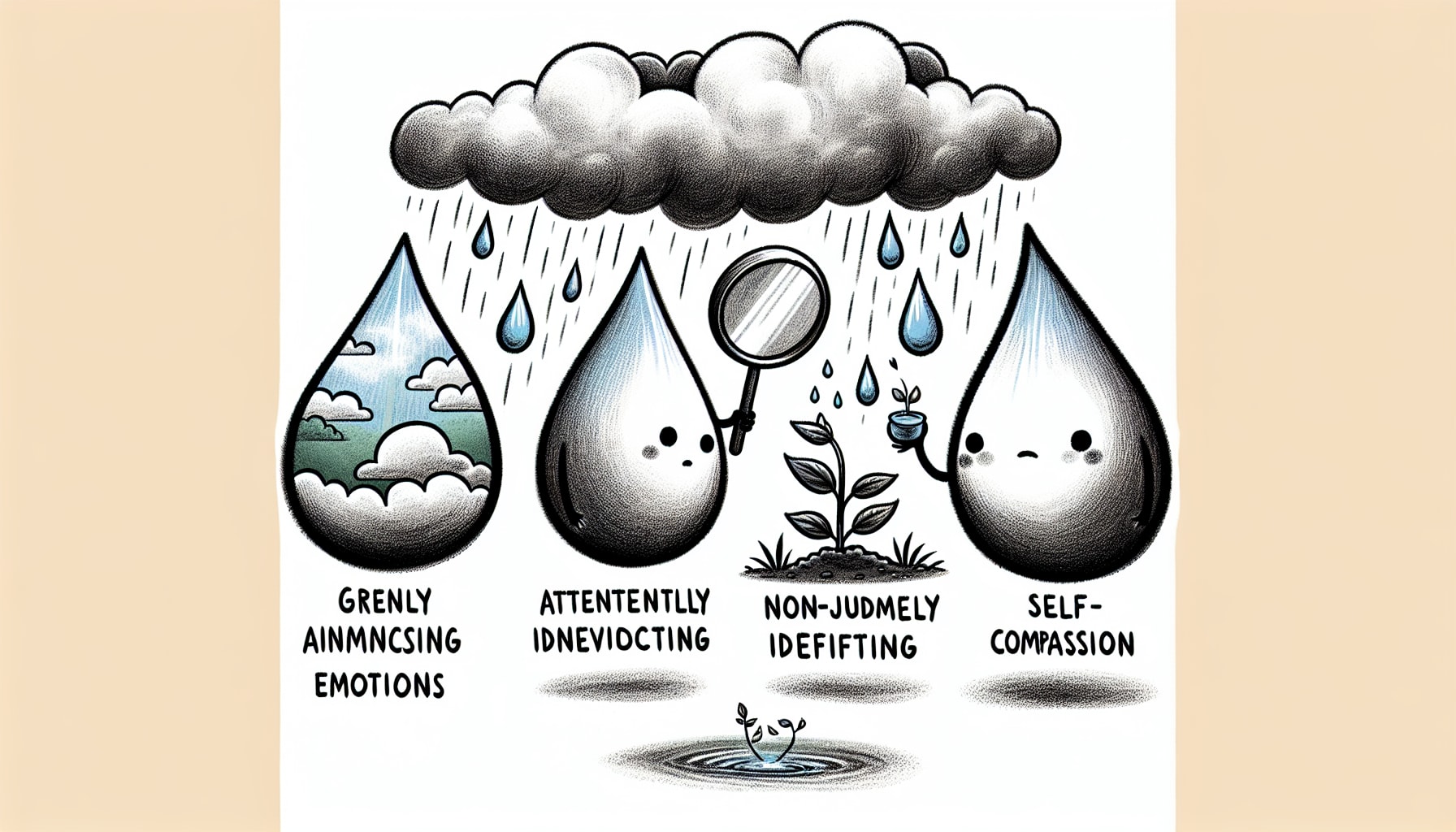 Illustration of the RAIN acronym with raindrops