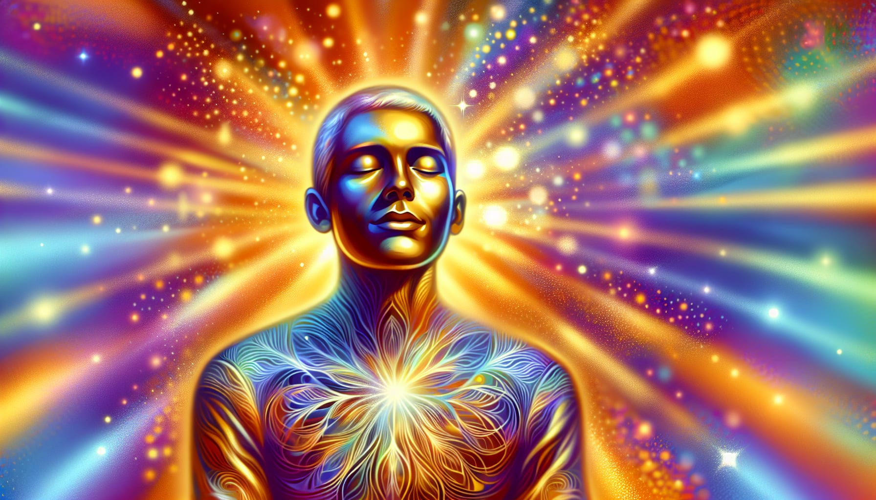 Colorful illustration of a person with a radiant glow, symbolizing the positive effects of San Francisco somatic experiencing therapy, including increased confidence and enhanced overall well-being