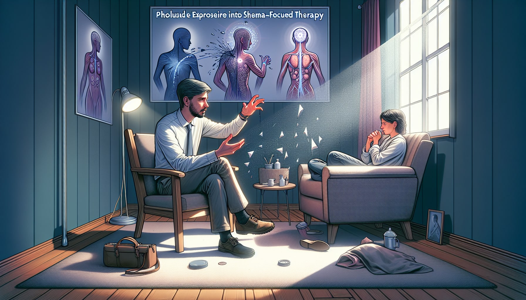 Illustration of a therapist integrating prolonged exposure into schema focused therapy