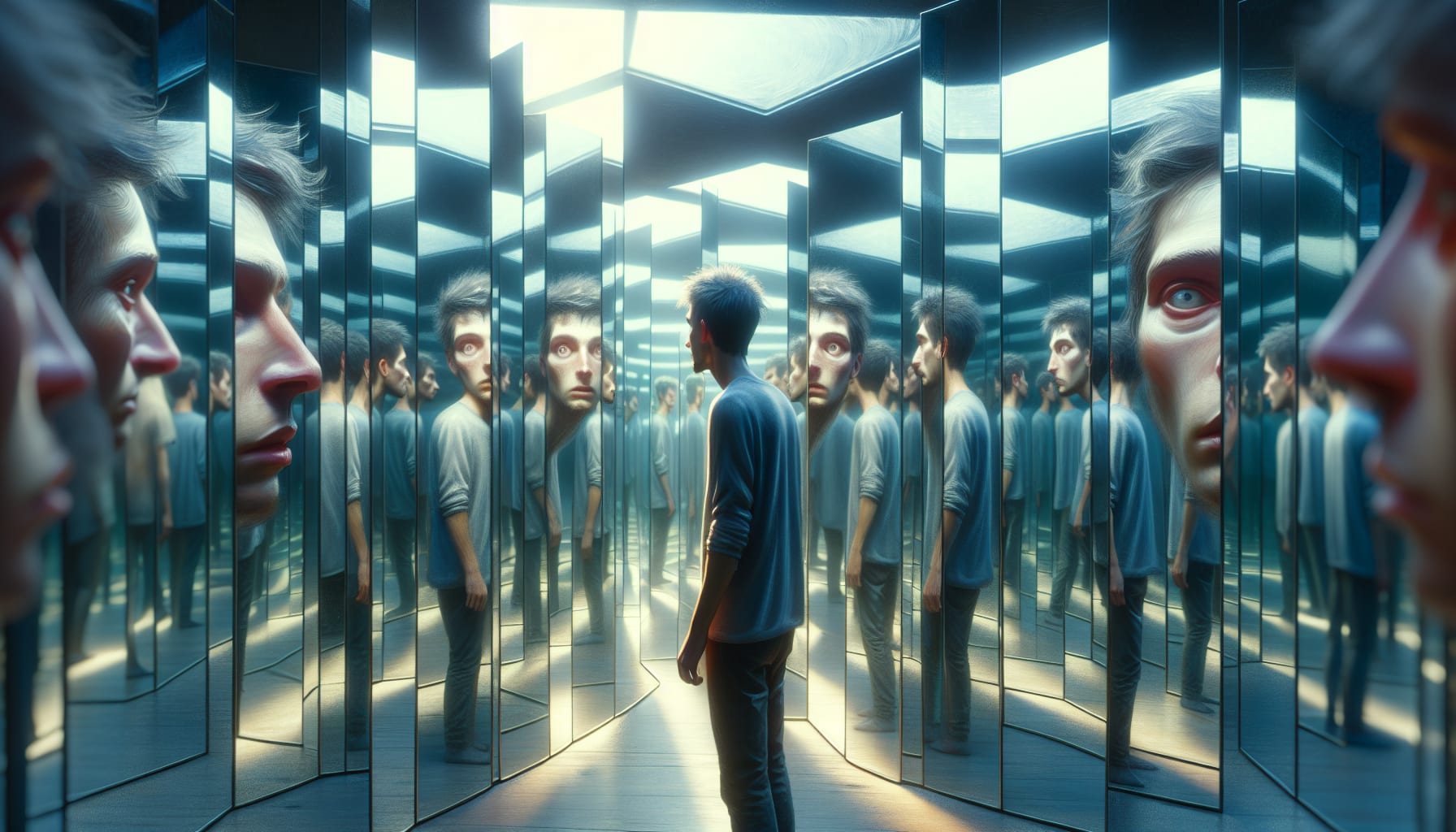 Artistic representation of a person experiencing identity confusion and detachment
