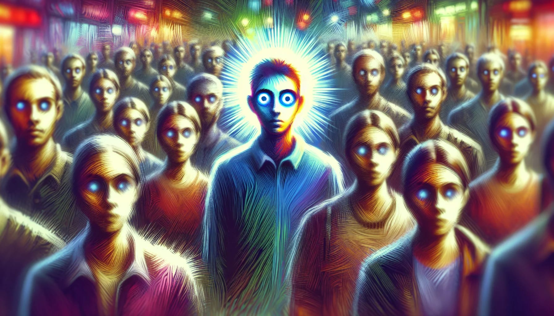 A digitally rendered image depicts a group of people with glowing eyes in a crowded street. One person in the center, exhibiting hyper vigilance, is highlighted with a bright halo and has a wide-eyed expression, resembling how trauma counselors might feel amidst chaotic situations.