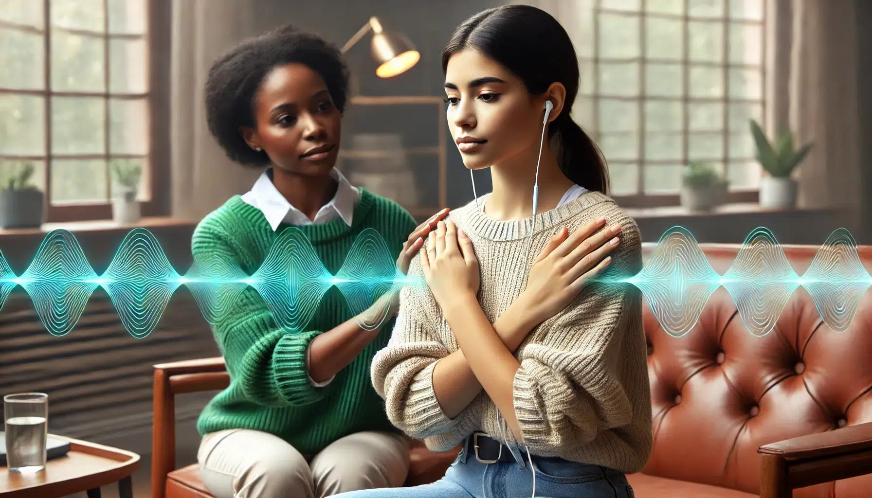 A woman is sitting with an emdr therapist in san Francisco, eyes closed and wearing earphones, sits with arms crossed as another woman behind her observes. Wavy visual elements depict sound waves in the foreground. This serene indoor setting with plants and soft lighting highlights emdr virtual therapy in California.