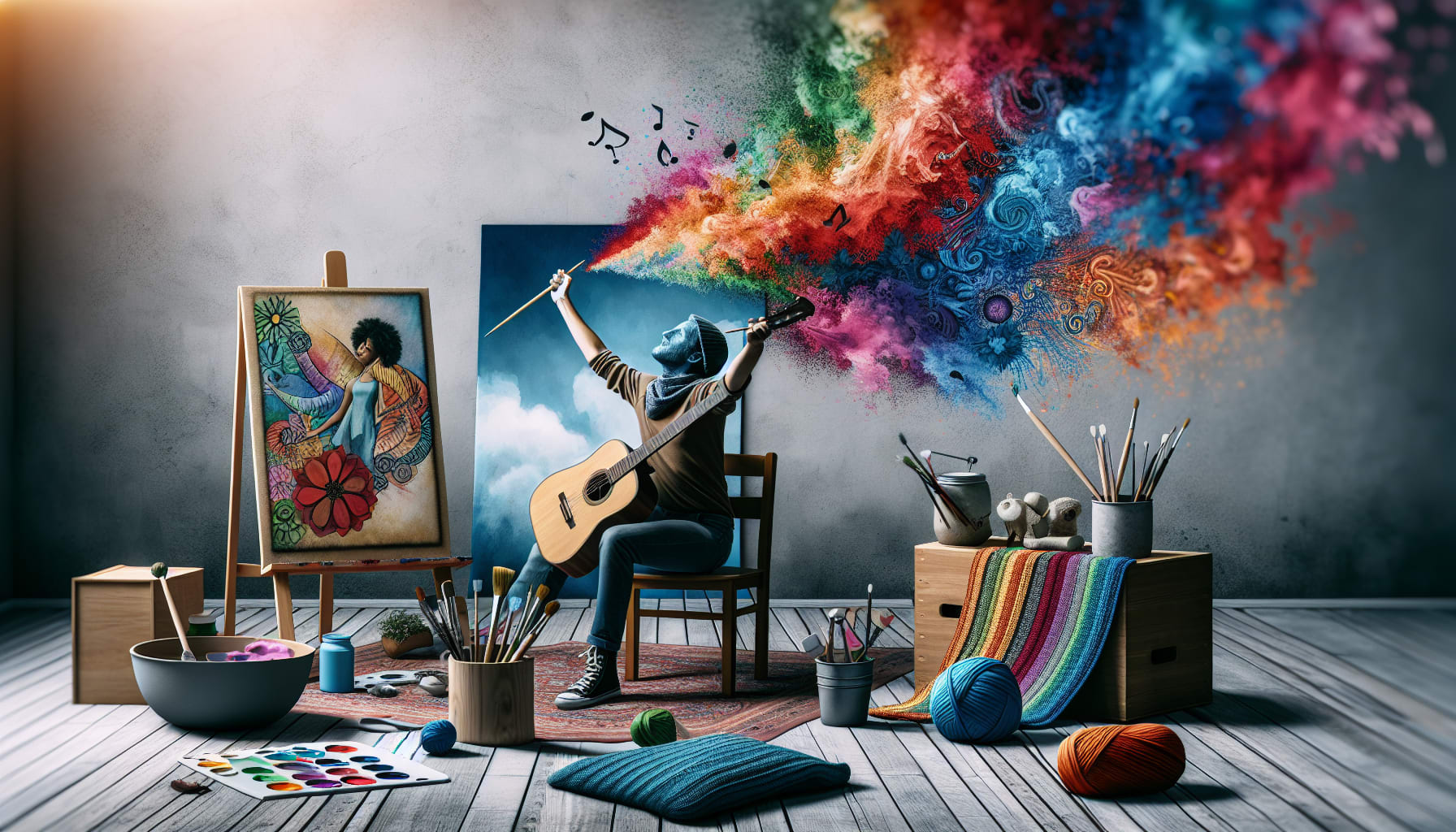 Artistic depiction of a person trying new activities to combat boredom