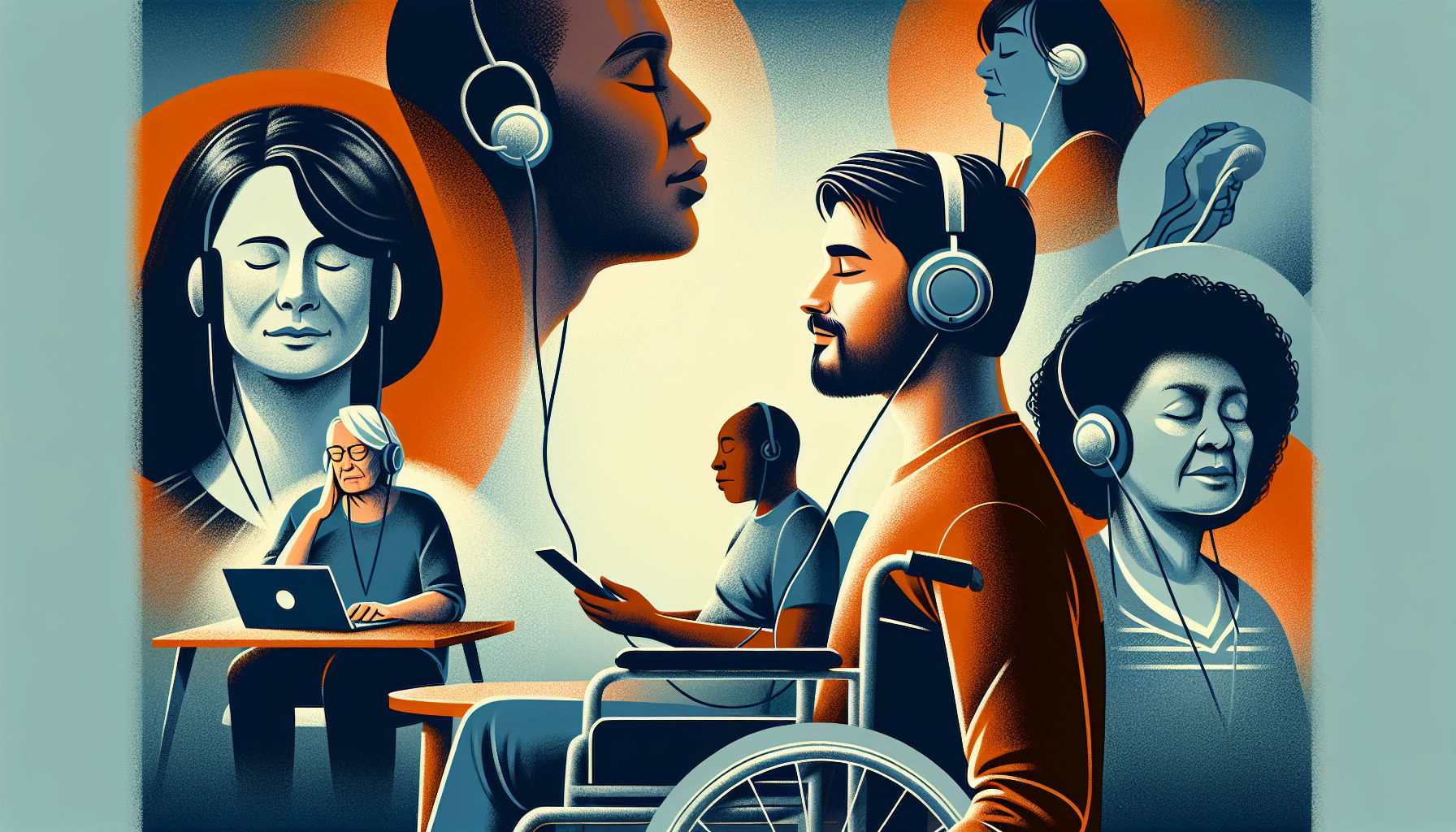 Illustration of diverse people using various devices with headphones, including a person in a wheelchair, a person with a laptop, and others with smartphones, highlighting the accessibility of EMDR virtual therapy in California. All of them have written virtual emdr reviews for emdria therapists.