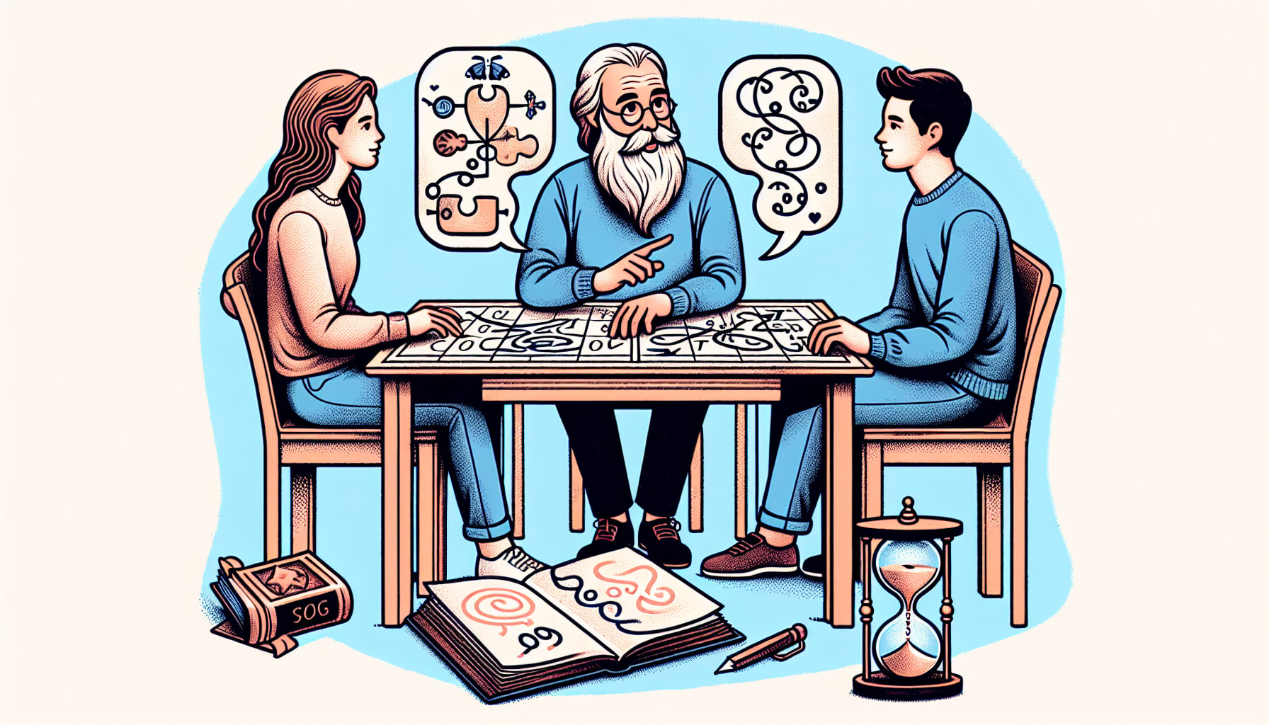 Illustration of a San Francisco and Oakland premarital counselor using compatibility tests to help a couple understand their love languages