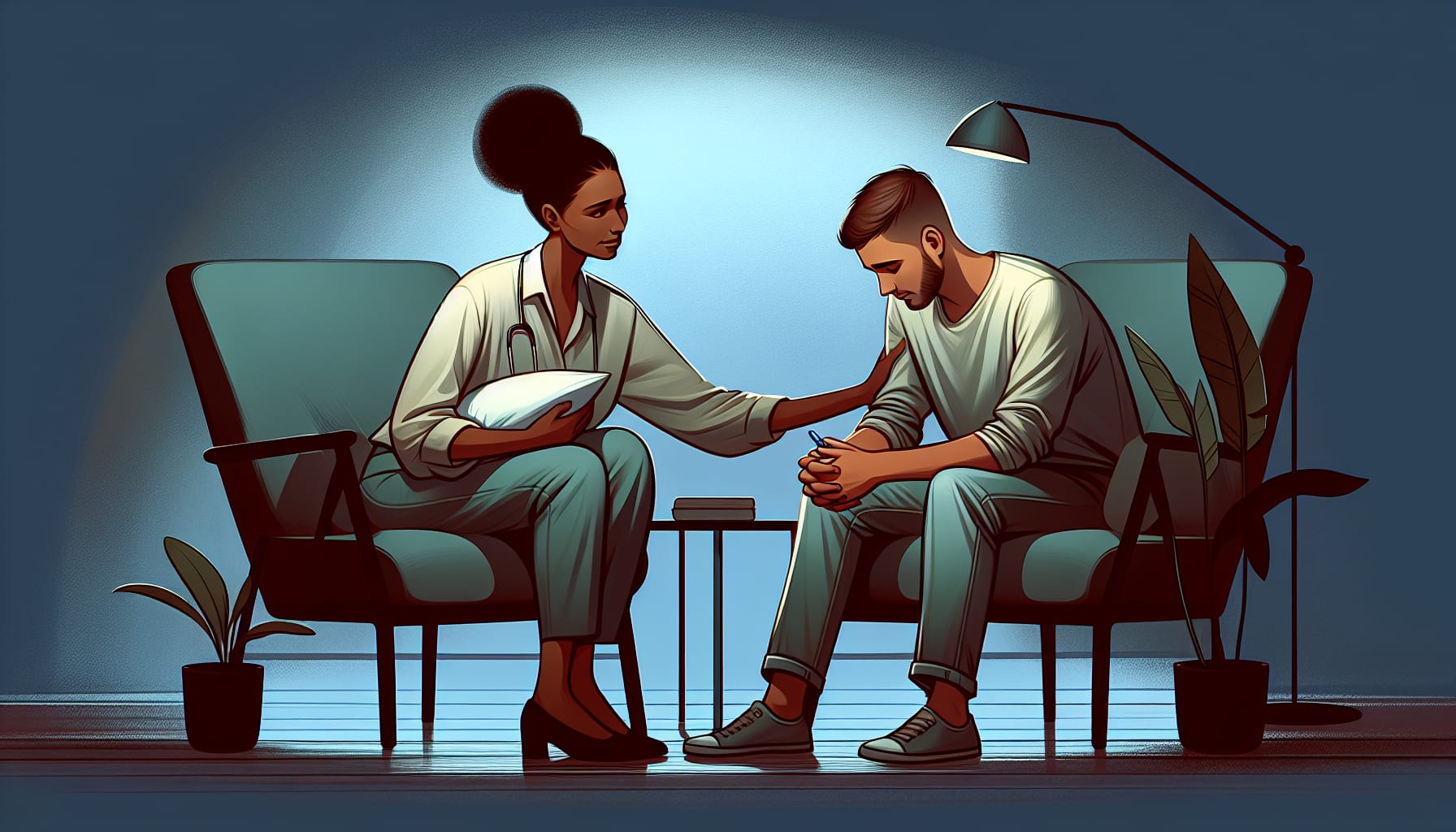 A therapist providing emotional support to a client in a professional setting