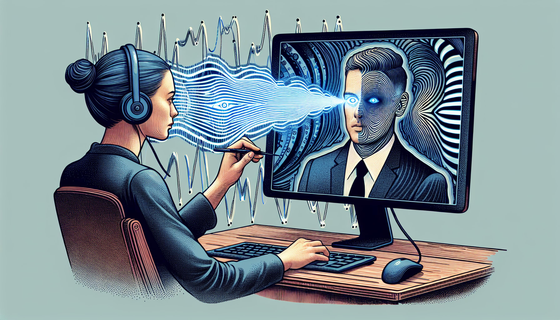 A person wearing headphones uses a stylus to interact with a remote emdr therapist on the computer screen displaying virtual emdr therapy, with waves of light connecting the two—reminiscent of an online EMDR therapy session in California.