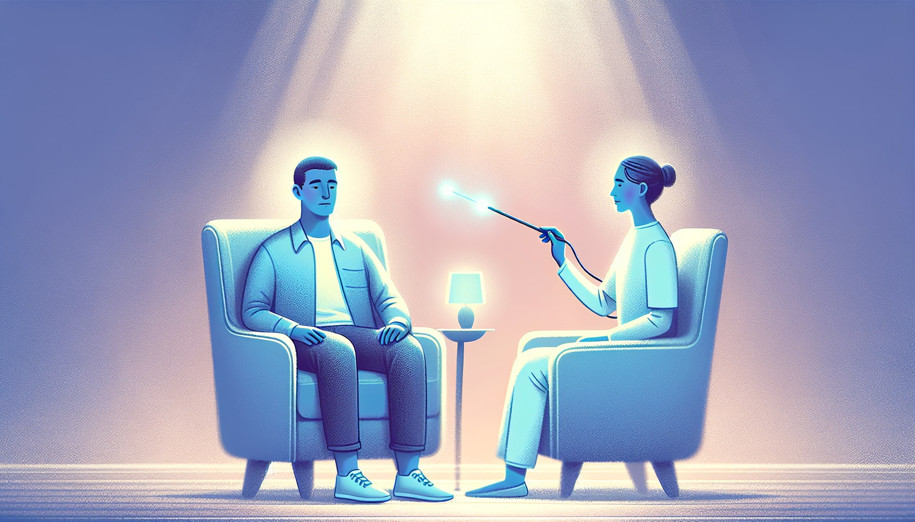 Illustration of a male figure doing online emdr therapy in Sacramento seated and a female online emdr therapist in a white coat holding a wand-like object, with a small table and lamp between them under a spotlight, representing an emdr therapist online California.