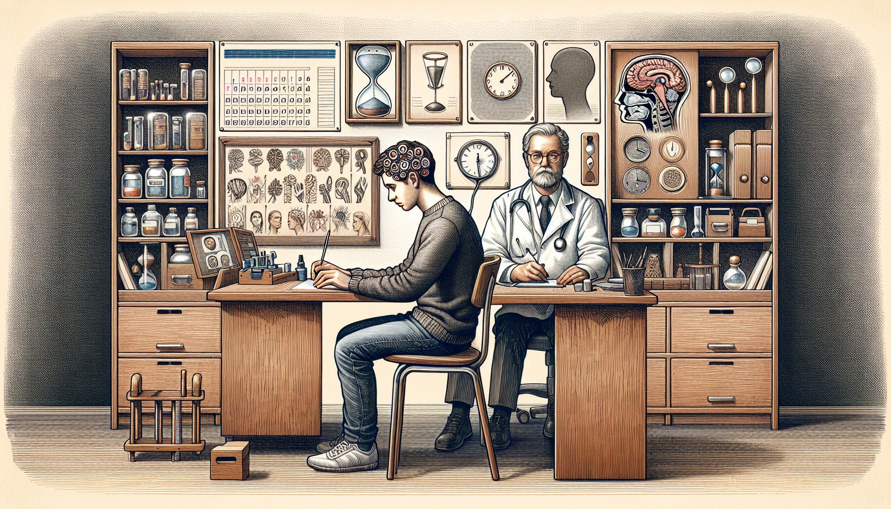 A person sits at a desk working while a doctor in a white coat observes, likely discussing post-traumatic-amnesia treatment in San Francisco. The background shows shelves with medical equipment, diagrams, and clocks.
