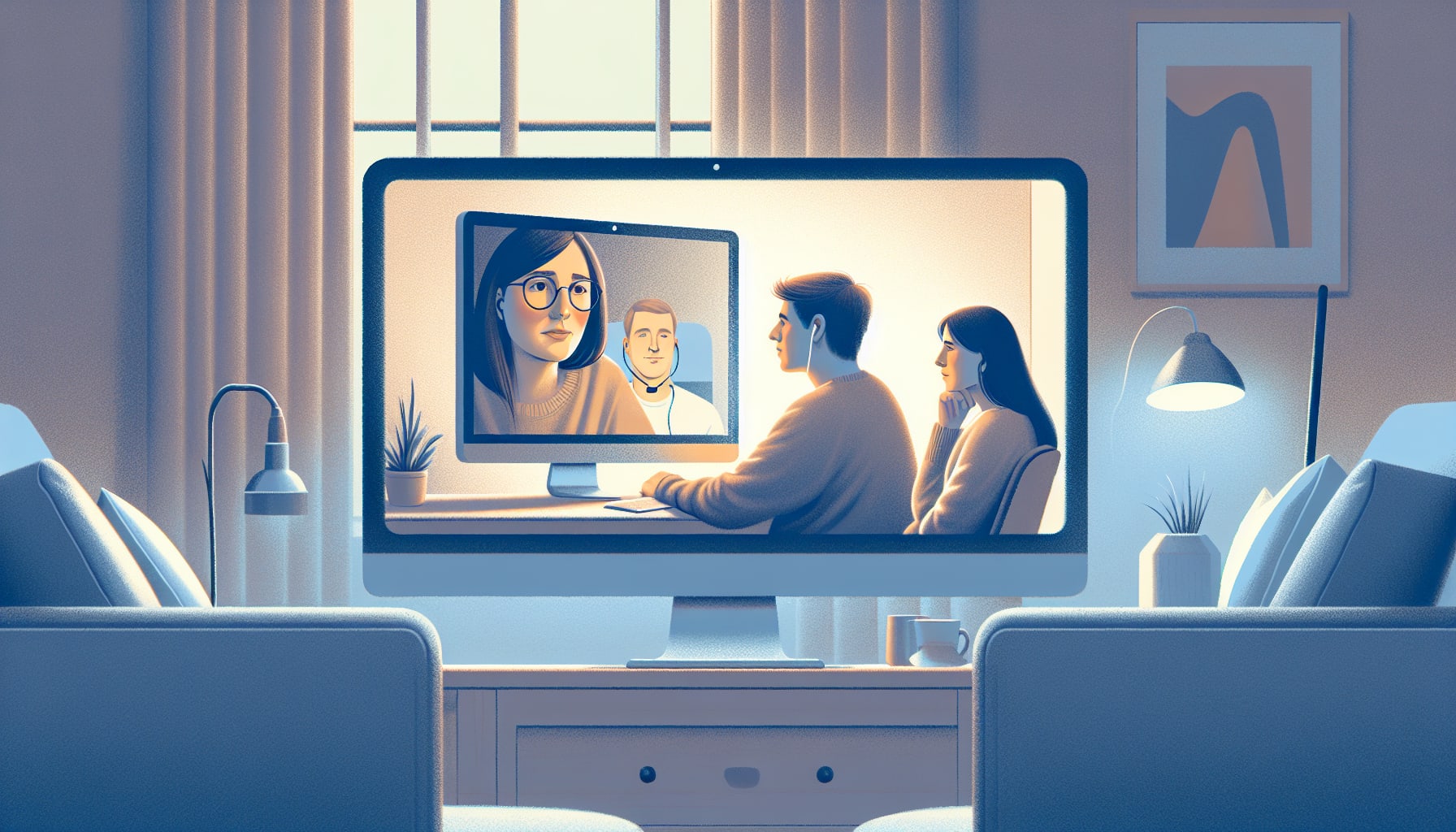 Two people sitting on a couch participate in a video call with premarital therapists San Francisco on a computer screen in a cozy living room.