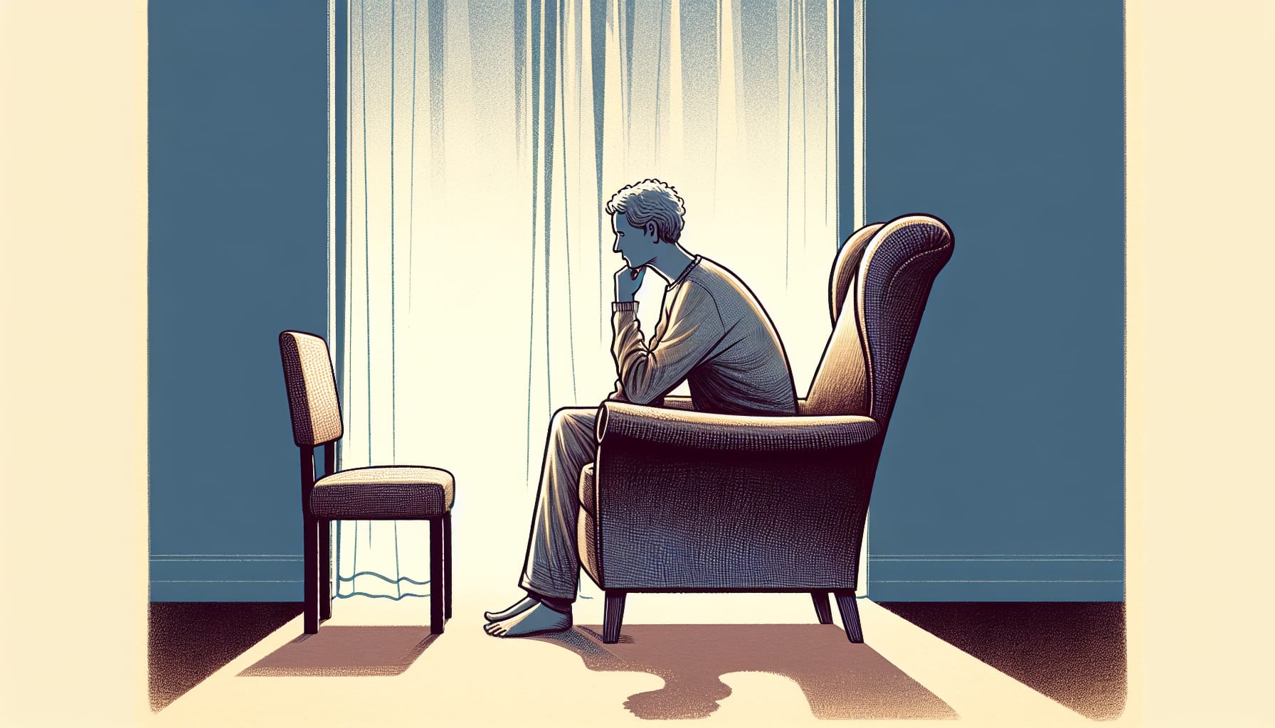 A person sitting in a therapist's chair, engaging in an empty-chair exercise to process emotions