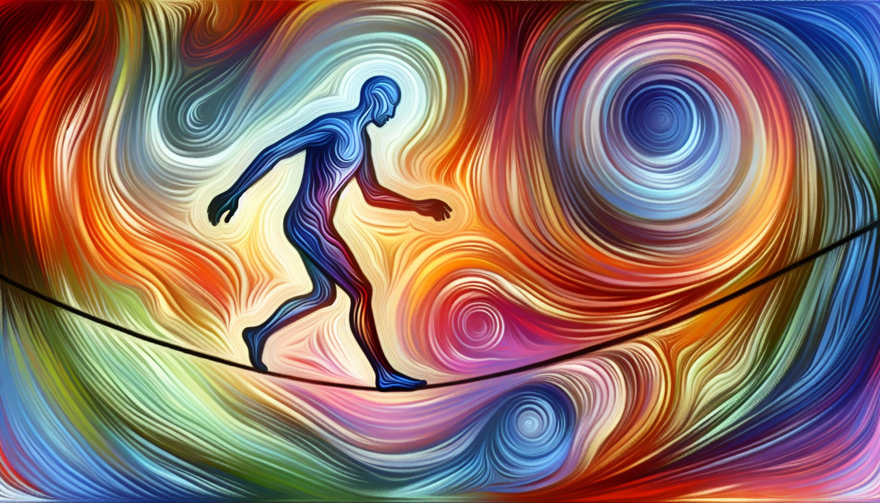 Abstract illustration of a person balancing on a tightrope, with vibrant swirling colors in the background, capturing the tumultuous journey faced by those with manic depression vs bipolar and needing a bipolar disorder therapist.