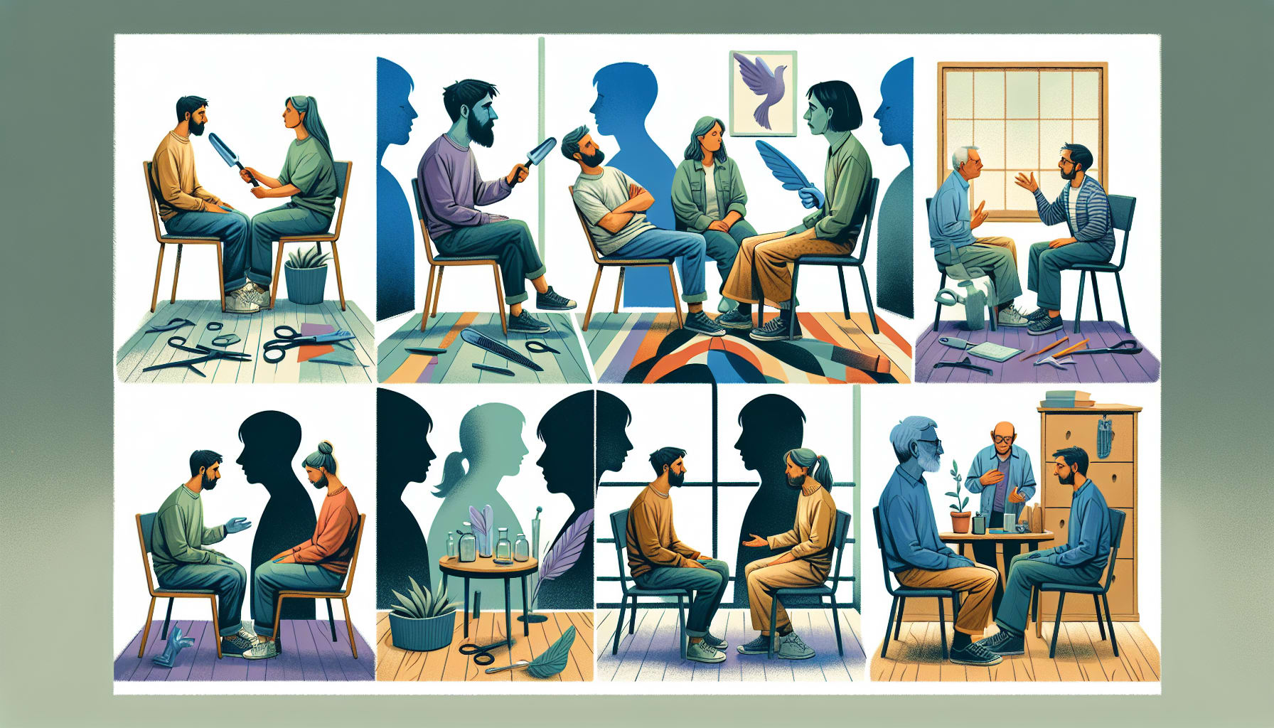 Creative illustration of couples engaging in role-playing exercises