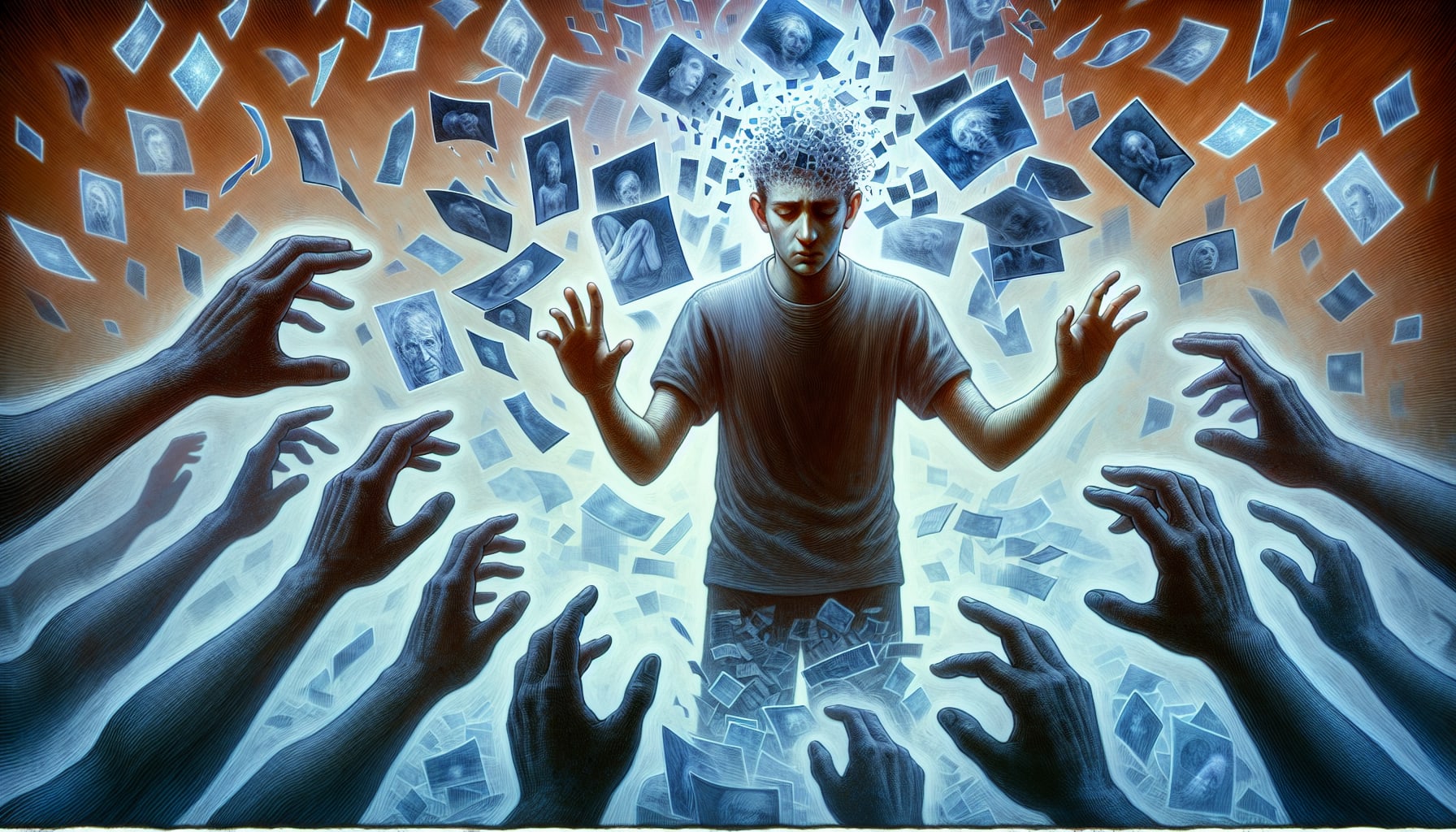 A person stands surrounded by floating photographs and reaching hands against a backdrop of warm and cool tones, conveying a sense of chaos and overwhelming thoughts—an evocative image reminiscent of those seeking therapist for trauma in San Francisco to treat post-traumatic amnesia .