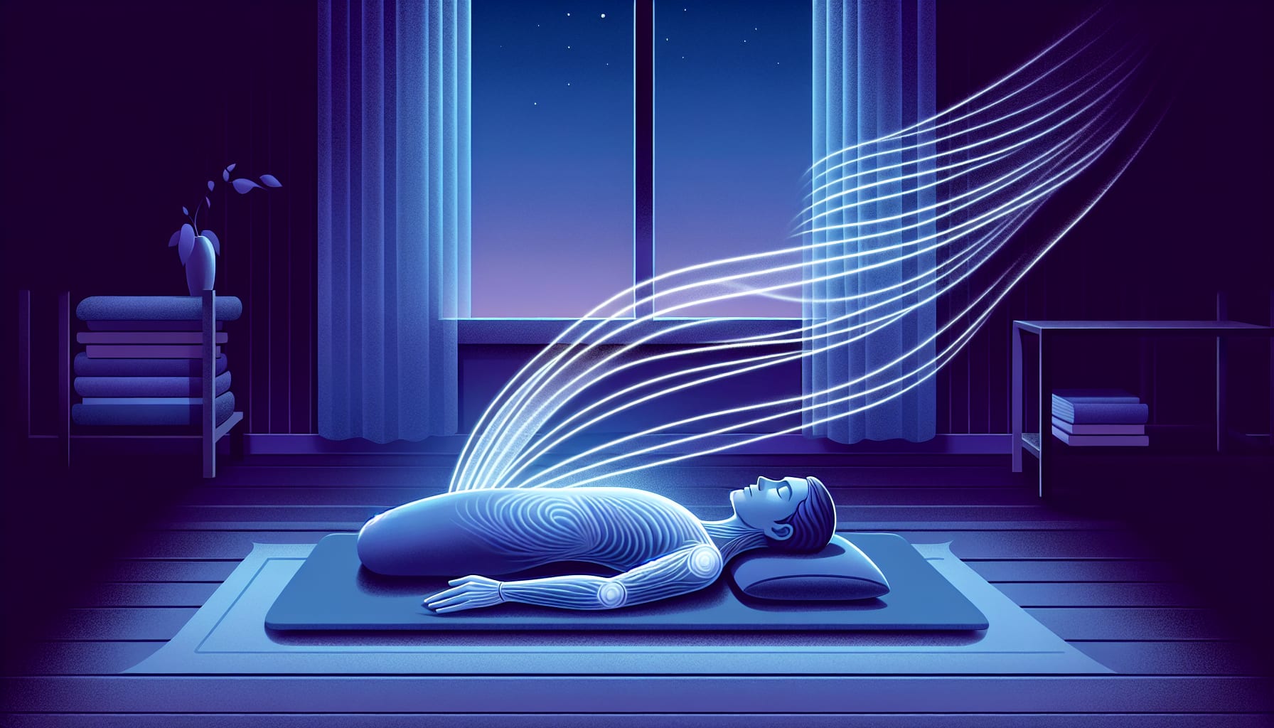 A soothing illustration of a person practicing progressive muscle relaxation to reduce night anxiety