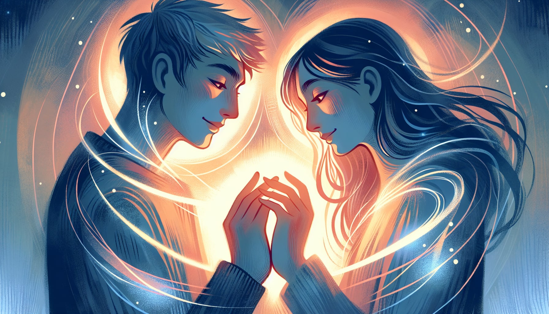An illustration of a man and a woman facing each other, holding hands with glowing light surrounding them, suggesting a connection or bond, reminiscent of the transformative experiences often seen in somatic psychotherapy San Francisco.
