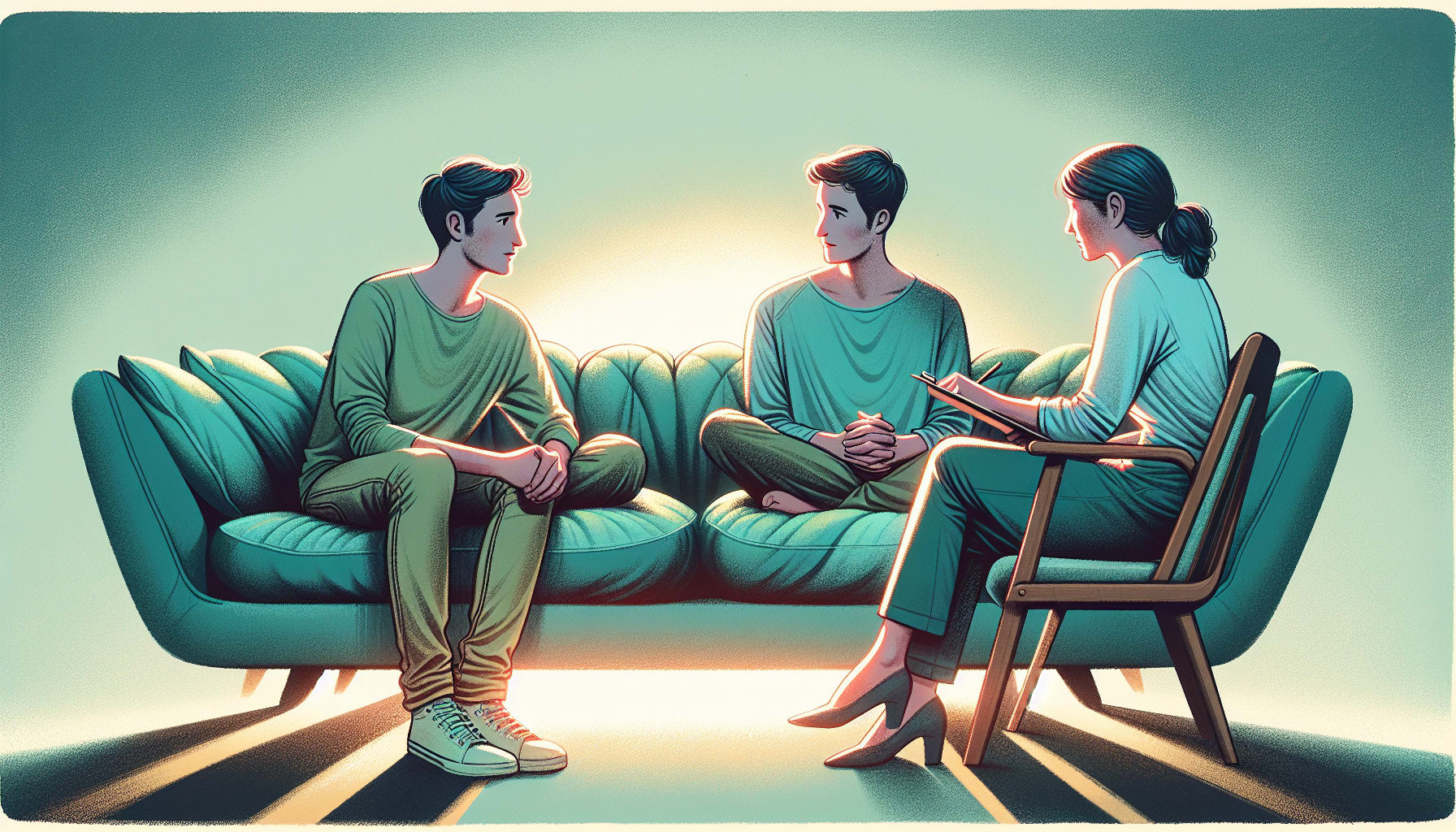 Illustration of a couple discussing concerns with a therapist