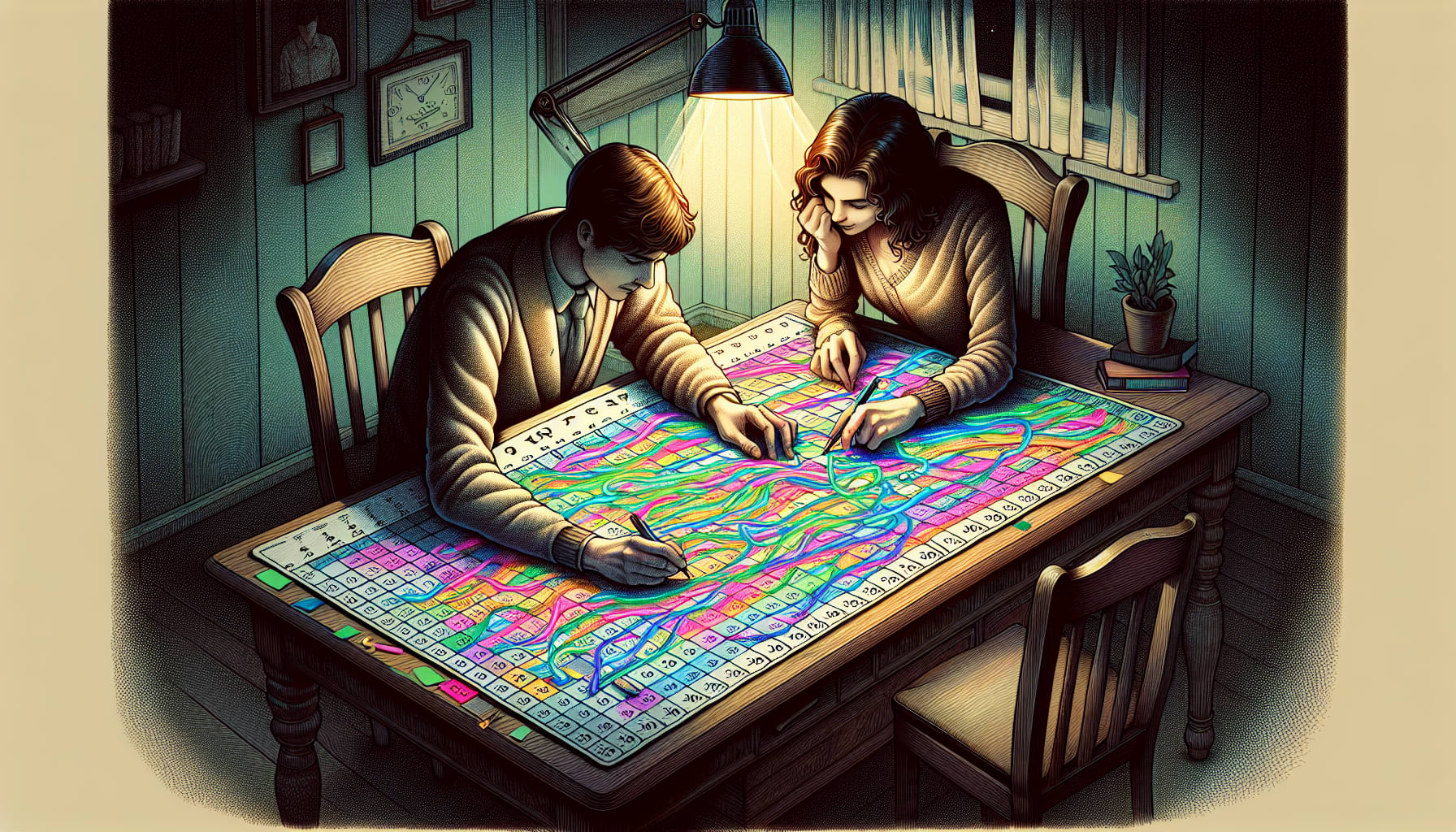 A man and woman sit at a table under a lamp, concentrating on filling out a large colorful puzzle, akin to how they navigate their journey through premarital counseling SF.