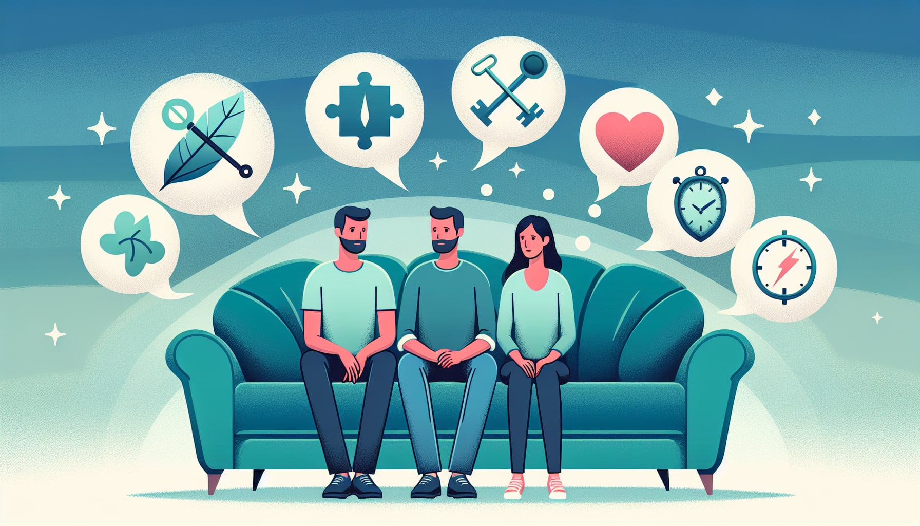 Three people sitting on a green sofa with speech bubbles above them displaying icons: leaf, puzzle piece, key, heart, four-leaf clover, stopwatch, and compass. Ideal for those seeking Premarital Counseling SF, these sessions foster understanding and unity before marriage.